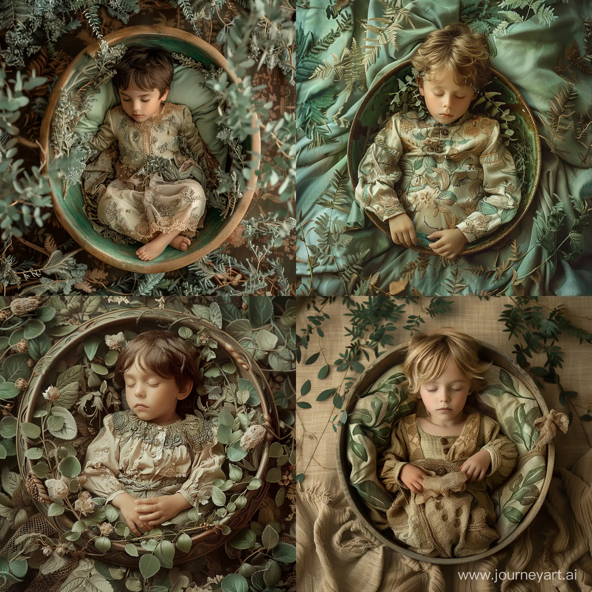 
маленький мальчик спит в миске, в стиле деревенских текстур, очень детализированная листва, светло-изумрудный и светло-коричневый цвета, детализированные костюмы, отмеченные наградами, все тело видно, вид сверху
