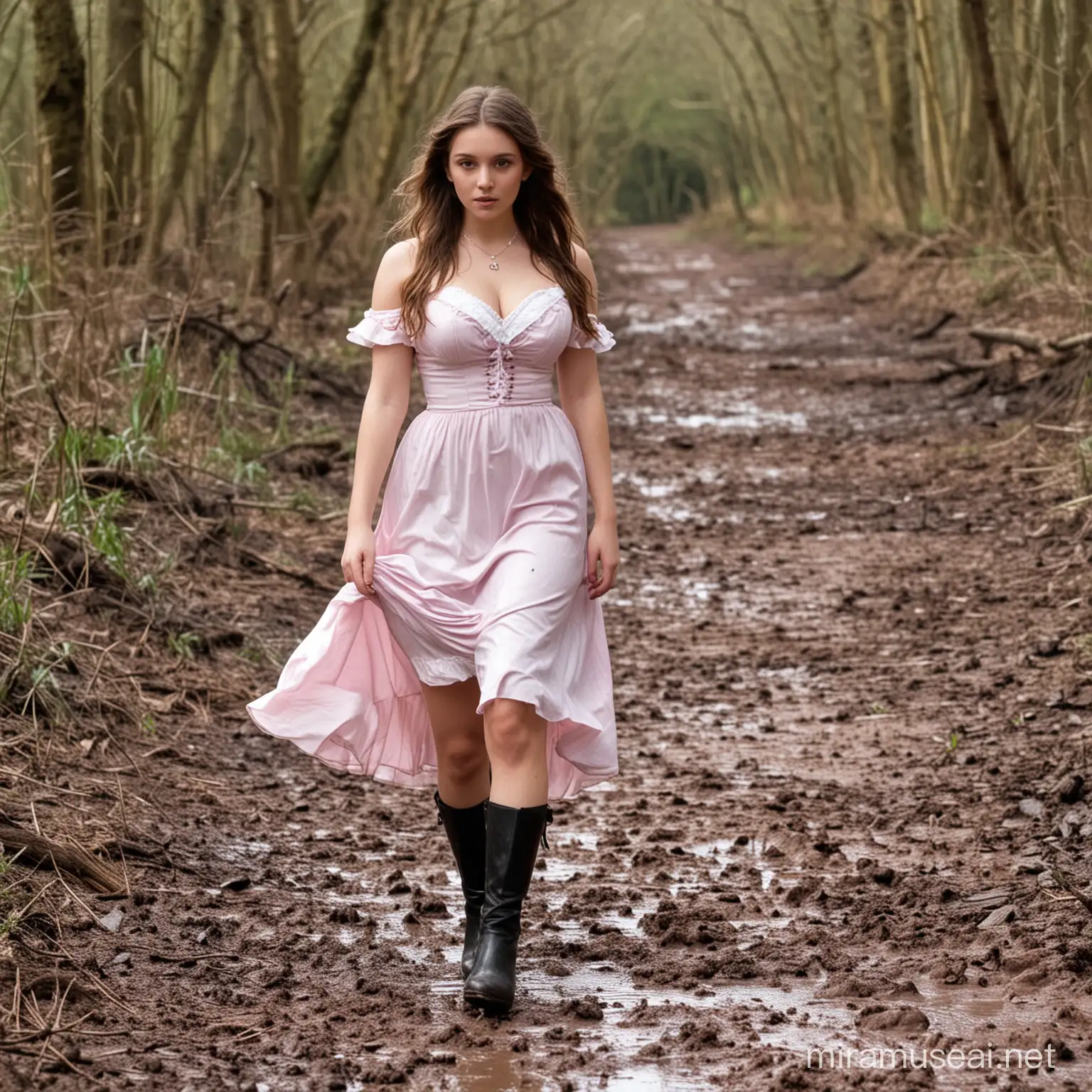 18 year old busty victorian girl in pink white  party dress black shoes walking in muddy wood

