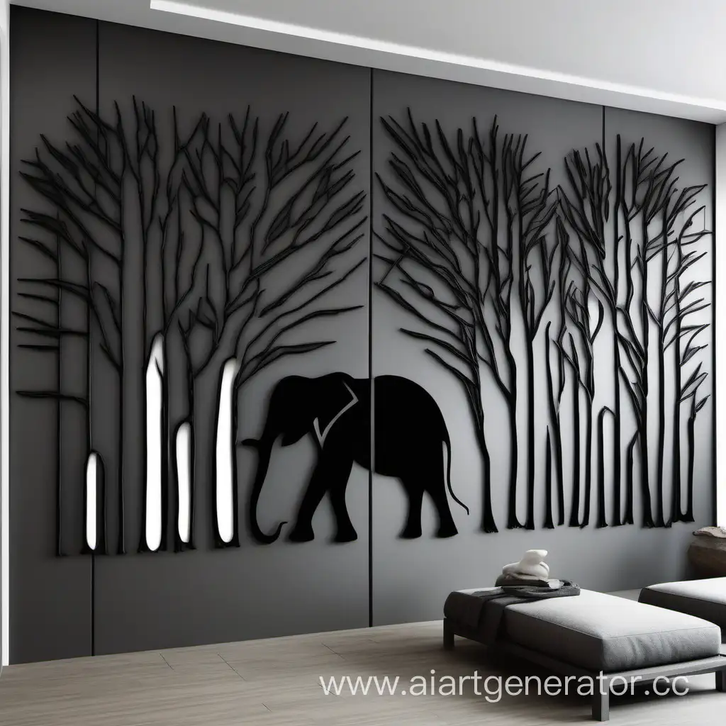 металлическое панно на стену, черное, из тонкого листового металла креативный слон выполненный из стволов деревьев