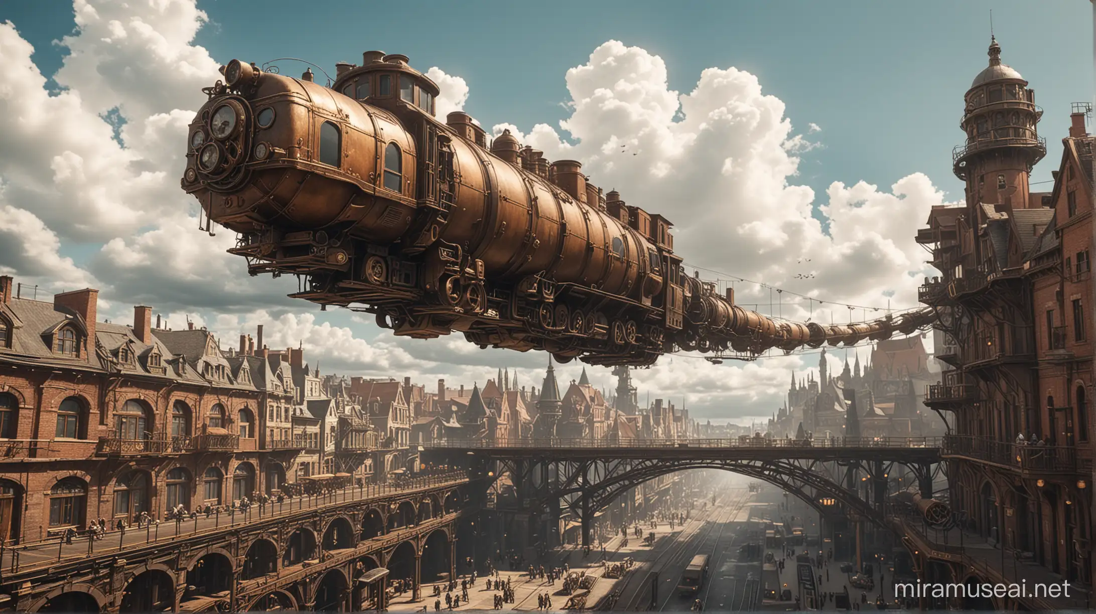 Steampunk Suspended Train Over City Skyline