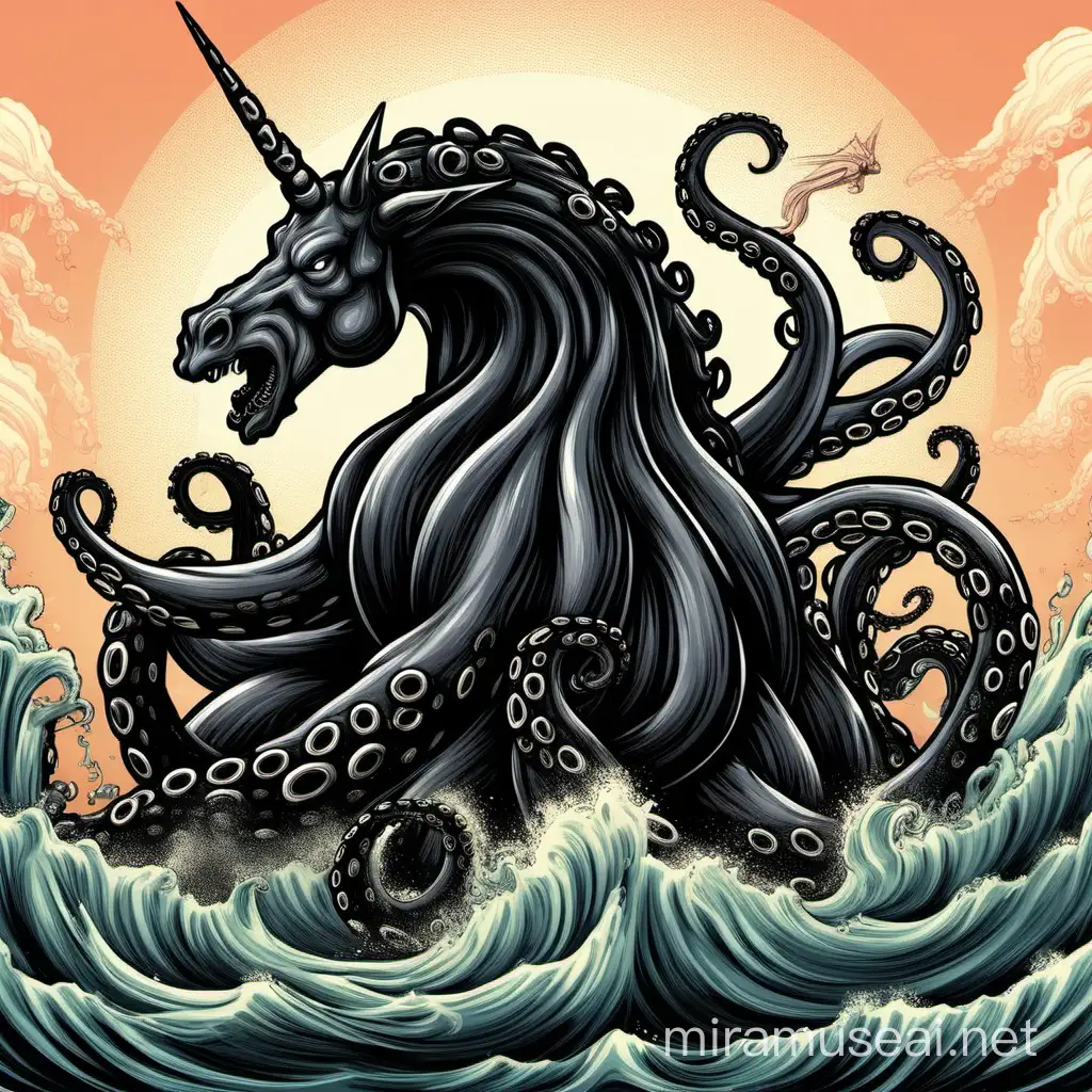 Black unicorn battleing giant octopus for logo

