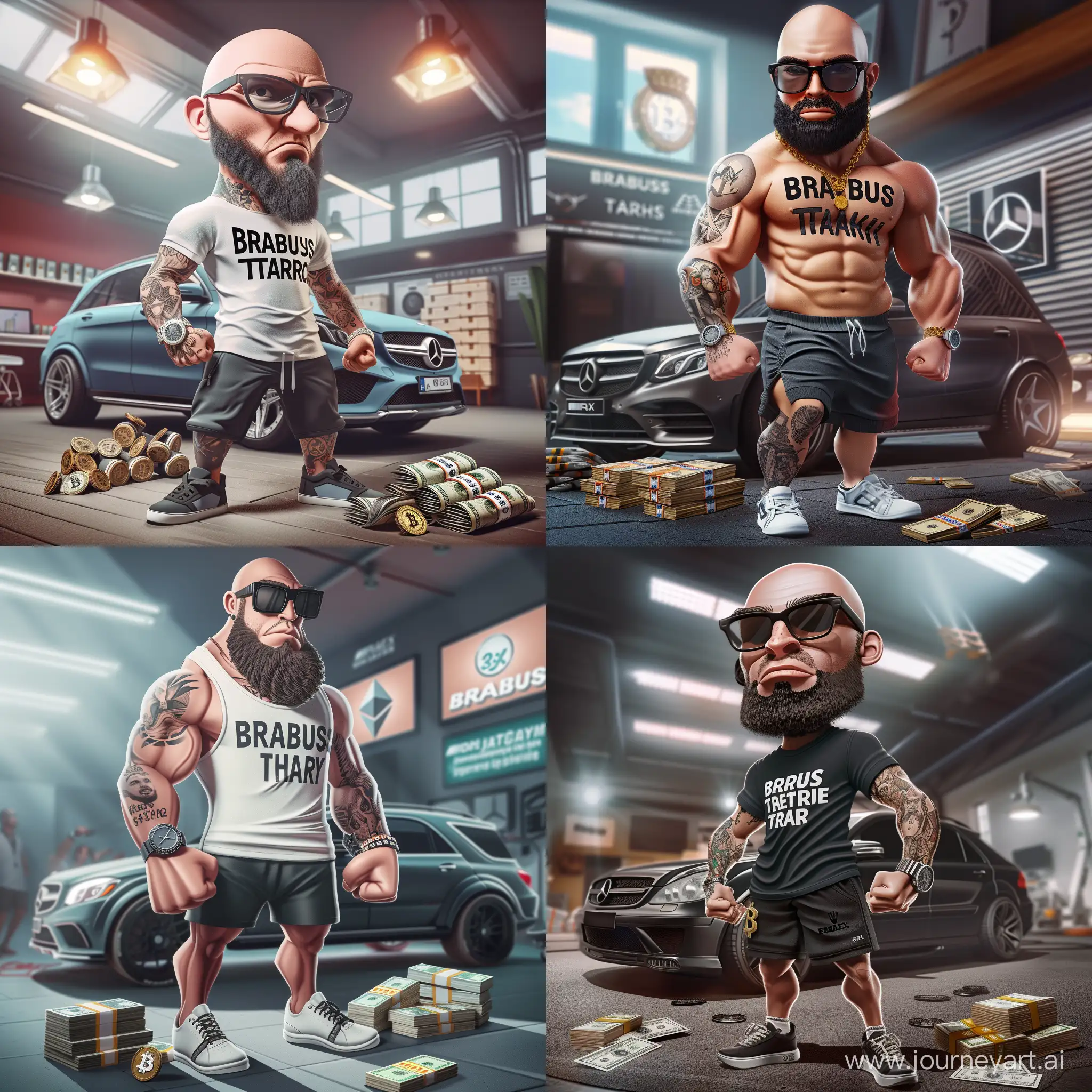 The man doesn't have a tattoo. The European man I am describing indicates his appearance and age in the region of 30 years and some items that he has with him.
He looks like a strong and pumped-up man, probably doing physical training.
He is wearing sneakers, shorts and a T-shirt with the inscription "Brabus Trade".
He also has a small, heavily black beard and a bald head. He has a Rolex watch on his hand, and he wears dark glasses, behind which his eyes are not visible at all.



The crypto exchange is visible in the background.

The car (necessarily a brabus) indicates that it is a Mercedes Brabus, which is an SUV.
There are bundles of dollars on the floor next to the man. The overall picture implies that this man is successful and wealthy, interested in investments and cryptocurrency. The whole picture is in the style of 3d cartoons.