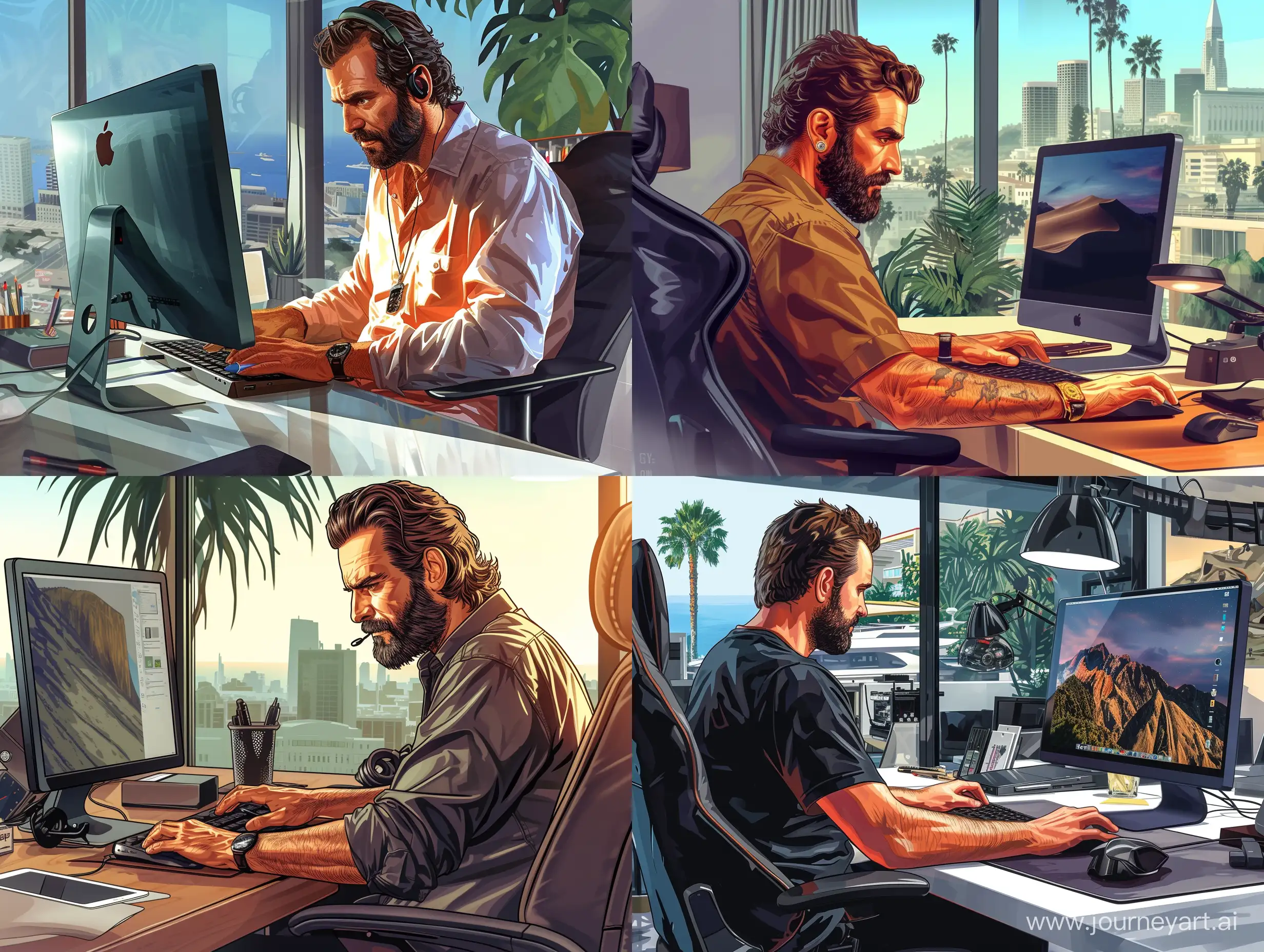 gentleman with beard, working on his iMac pc, inside his high-end office, grand theft auto artstyle, loading screen, highly detailed