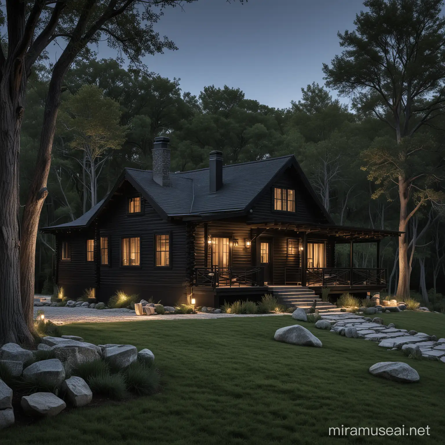 Black log cabin set on hill with professional exterior lighting, photographed by architectural digest