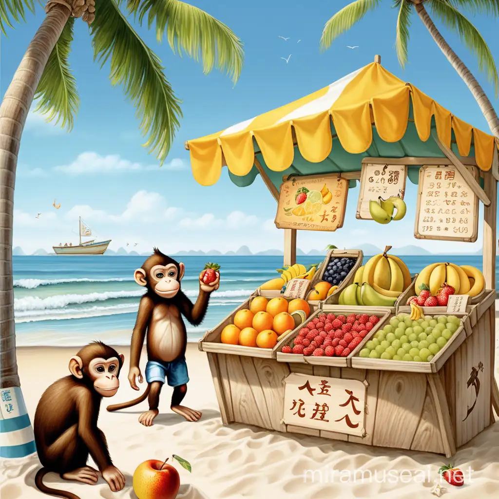 海滩上有水果摊。海里有些猴子在海里，一些在岸上，插画形式表现