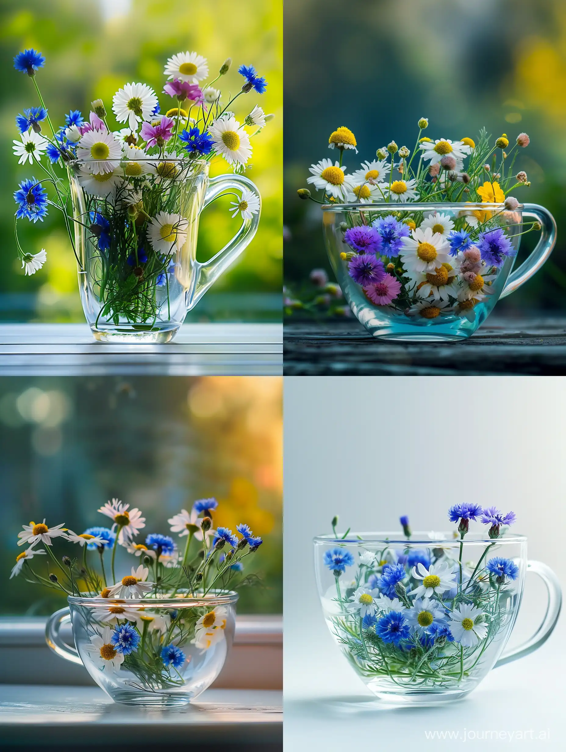 В прозрачной кружке из стекла микромир растений цветов, красиво эстетично ромашки васильки , контрастность, утренний рассвет