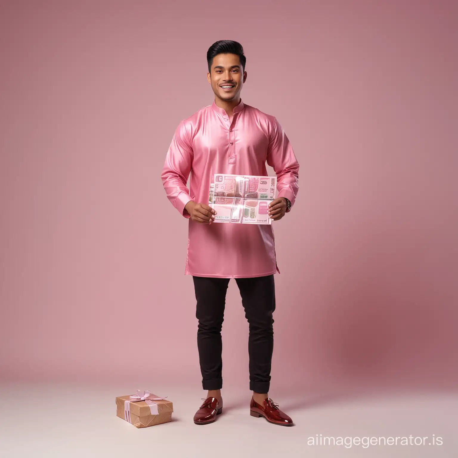 Malay-Man-in-Rose-Gold-Baju-Melayu-Giving-Eid-Money-Envelopes-to-Children