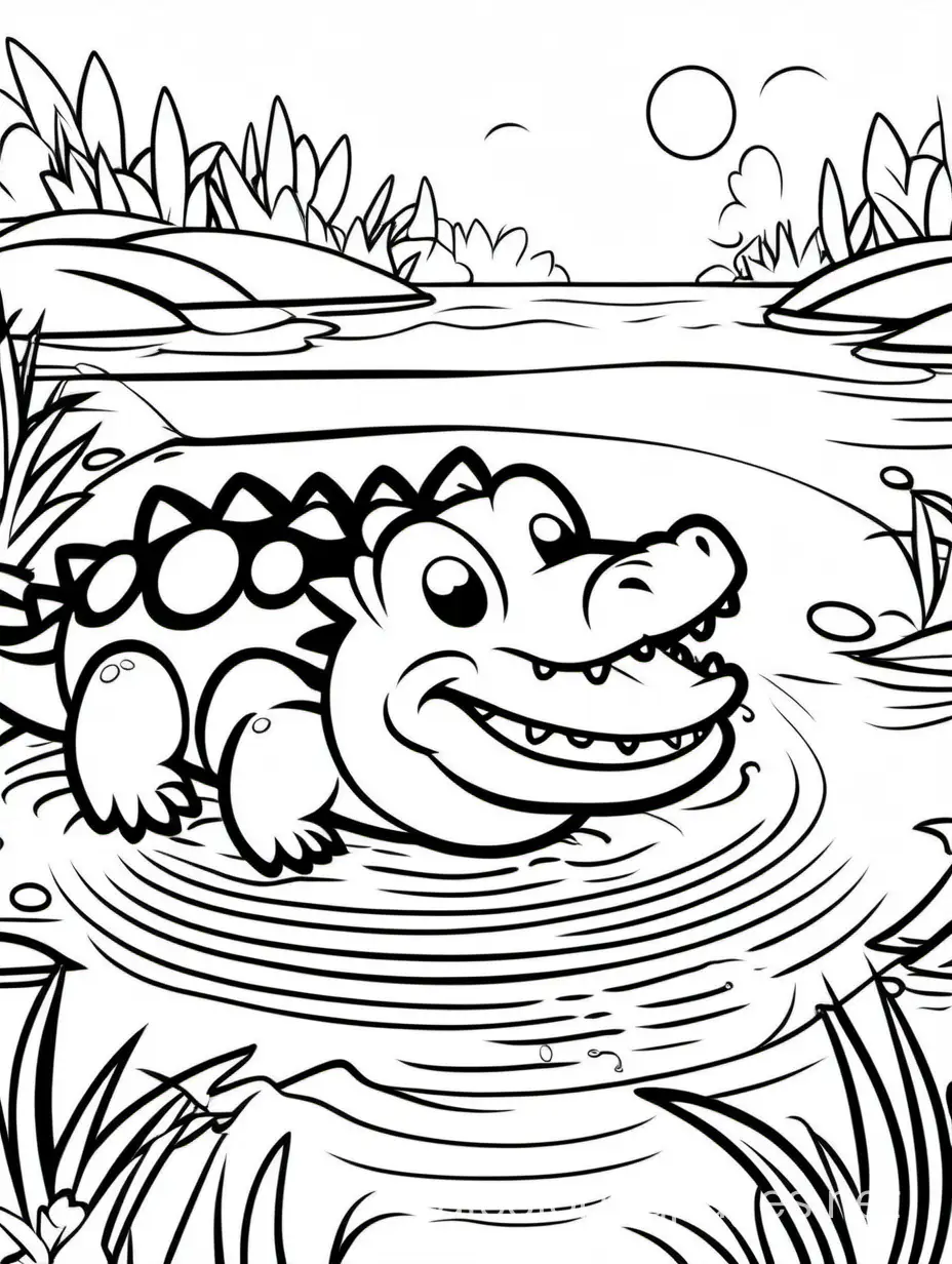 baby smily crocodile in the river, Coloring Page, black and white, line art, white background, Simplicity, Ample White Space. The background of the coloring page is plain white to make it easy for young children to color within the lines. The outlines of all the subjects are easy to distinguish, making it simple for kids to color without too much difficulty