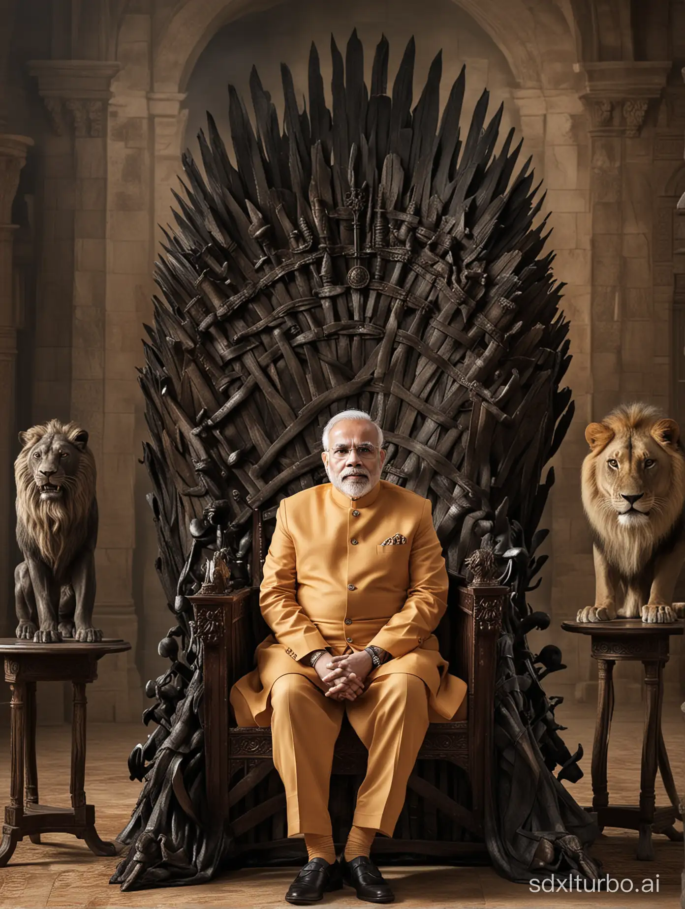 Narendra Modi sitting on a game of thrones chair with a lion on the left side of the chair