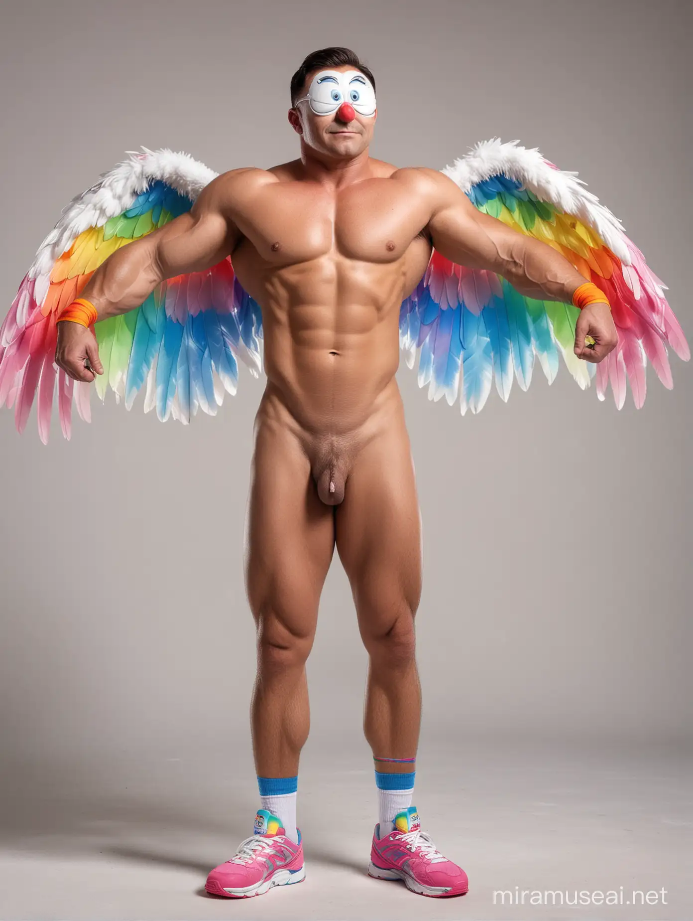 Full Body to feet Capture Topless 40s Ultra Beefy IFBB Bodybuilder Man Wearing Multi-Highlighter Bright Rainbow Coloured See Through Eagle Wings Shoulder Jacket short shorts and Flexing Big Strong Arm with Doraemon
