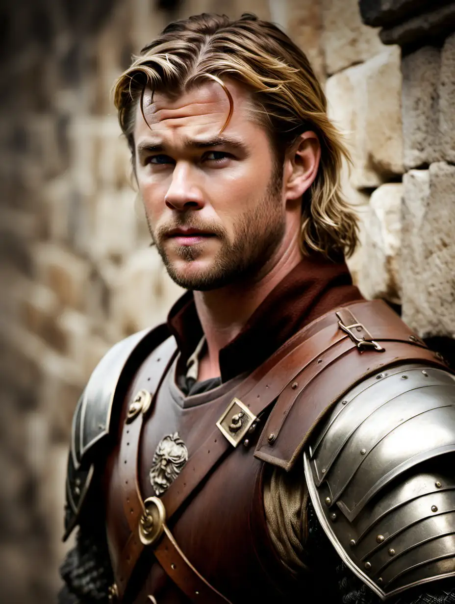 chris hemsworth, renaissance soldier, royal, blurred stone wall background, brown hair