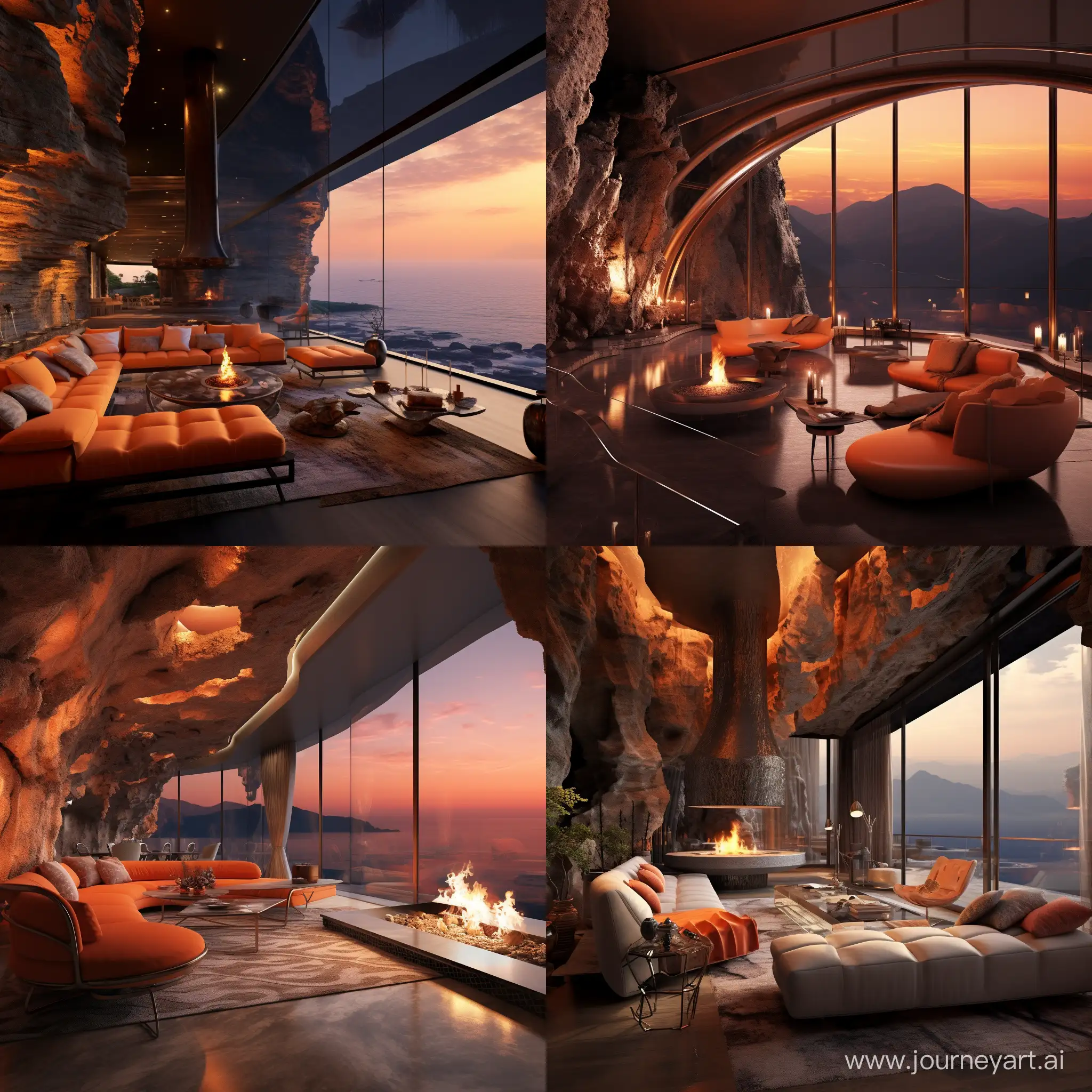  neo-cosmic living room built on the side of a cliff, interior design, an air of loneliness and luxury, a warm orange modern ambiance, double length floor to celling windows, a large and long fire place to the side of the room
