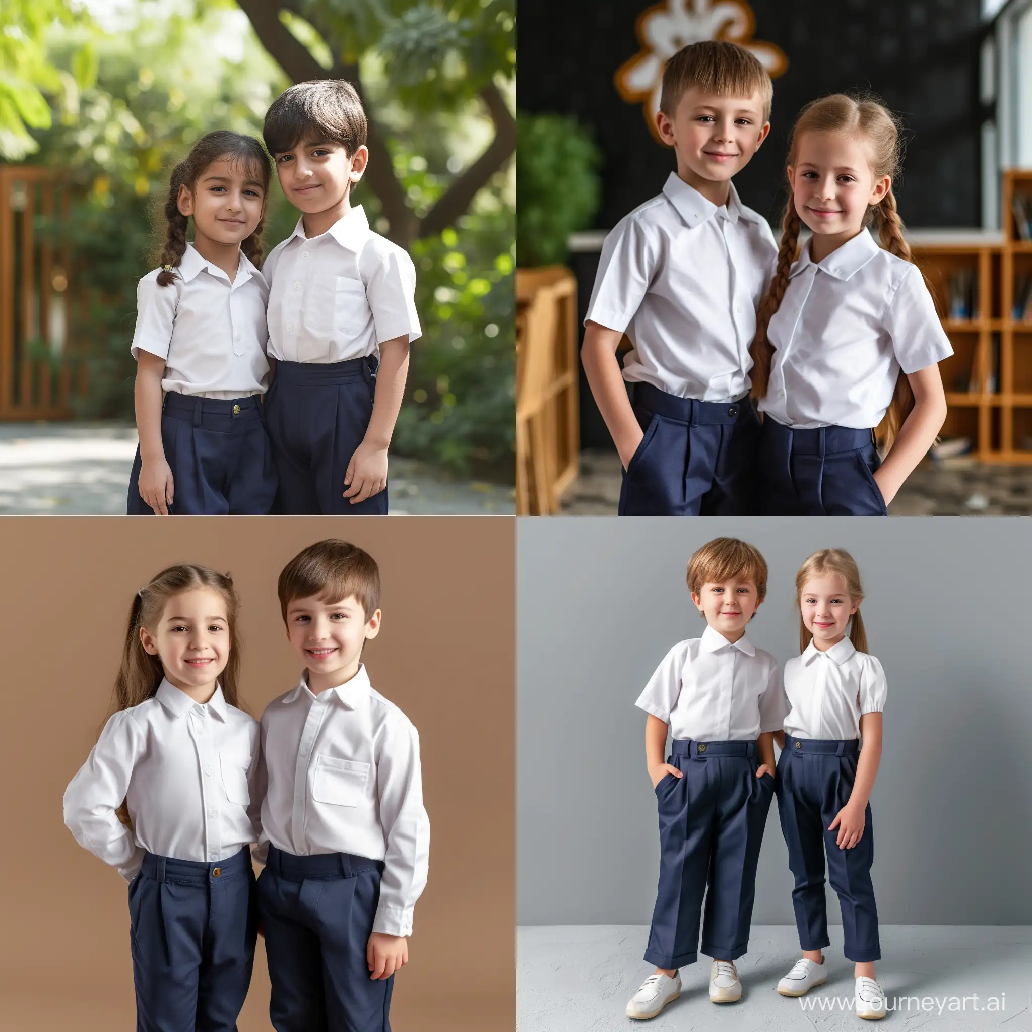 Adorable-Private-School-Kids-in-Uniform-7YearOld-Boy-and-Girl-in-White-Shirts-and-Dark-Blue-Trousers