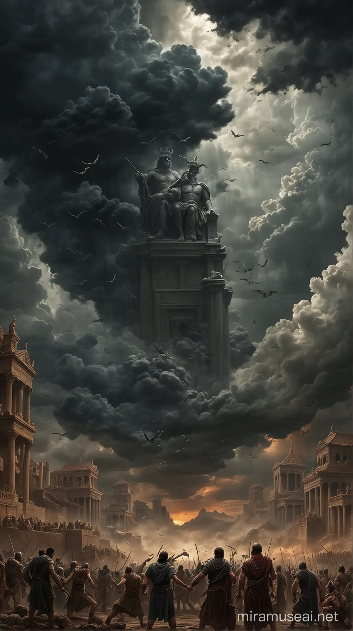 An illustration depicting the extent of human wickedness, with ominous clouds looming overhead and people engaging in various acts of evil in the ancient world 