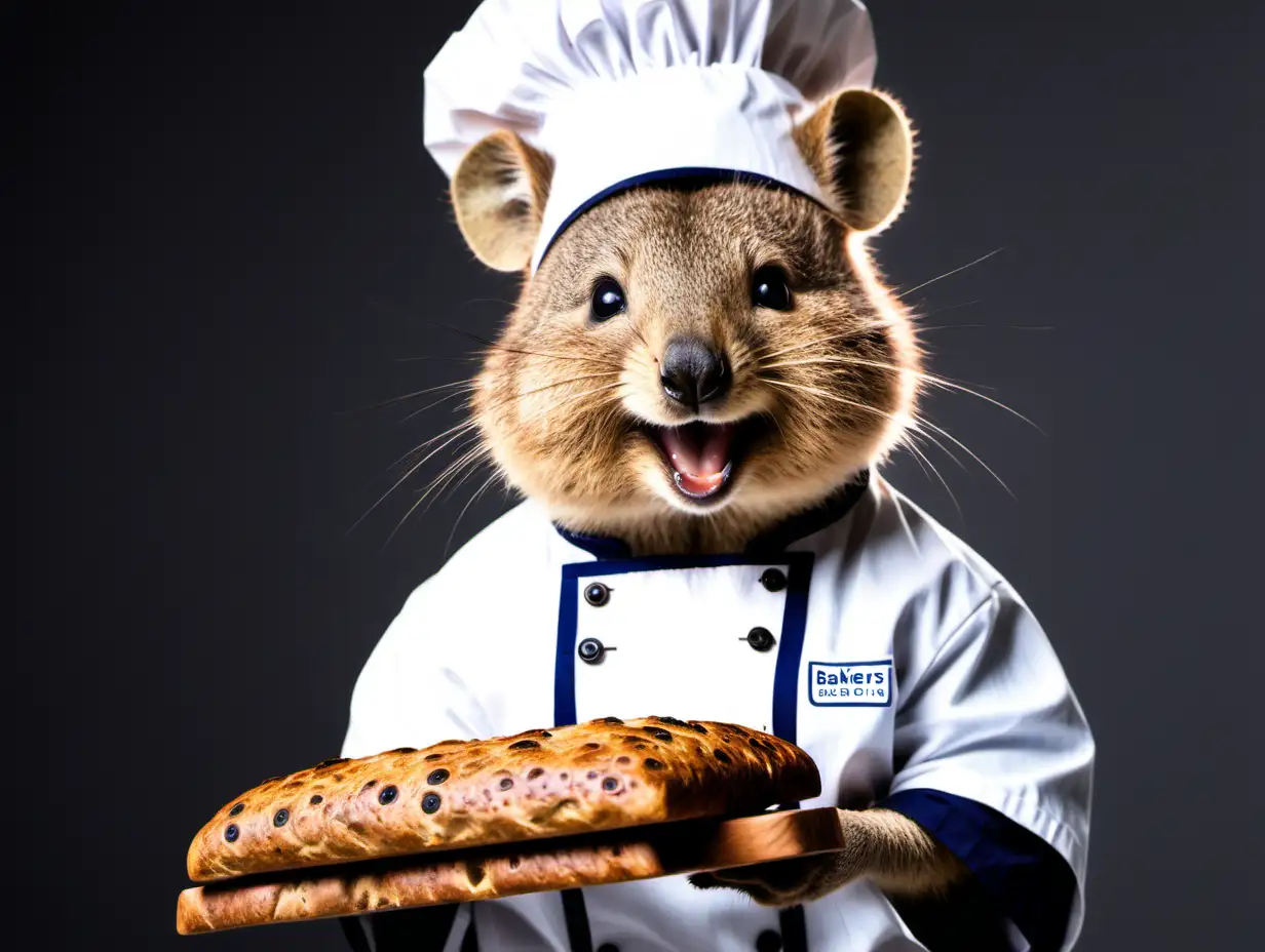 A smiling quokka making bread wearing bakers clothes