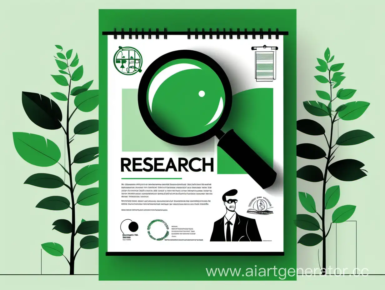плакат исследовательского клуба в зелёных черных белых цветах в минималистическом стиле с лупой