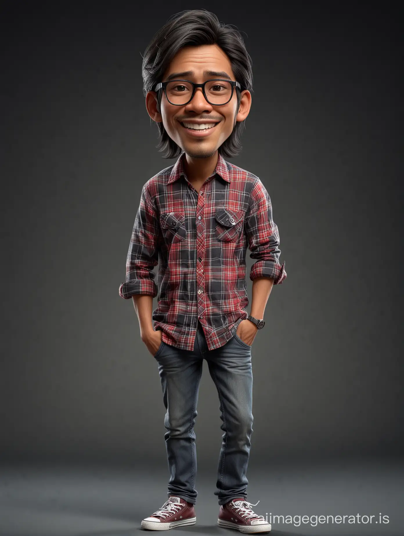 Caricature 4D Indonesian man, 30 years old, thin face, clean face, medium long hair, wearing bold frame square glasses,wearing an unbuttoned t-shirt and flannel shirt,converse shoe, standing with expression like ask anything, making the ok gesture, black background, detailed image, detailed visuals, looks real, HD, top view