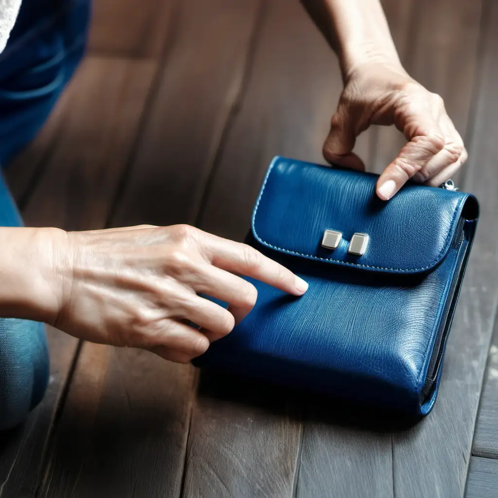 image of and 40 years old hand putting her cellphone into her blue purse on wood floor. Make the image close up