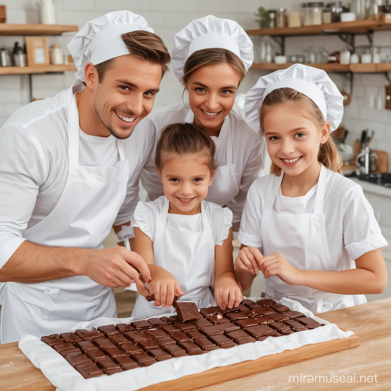 smile boy and girl and his mom and dad working/playing in white aprons, decorating a chocolate bar
