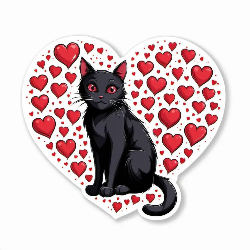 : Create a SVG of a black cat surrounded by hearts
sticker design graphic, 
vector,white background
