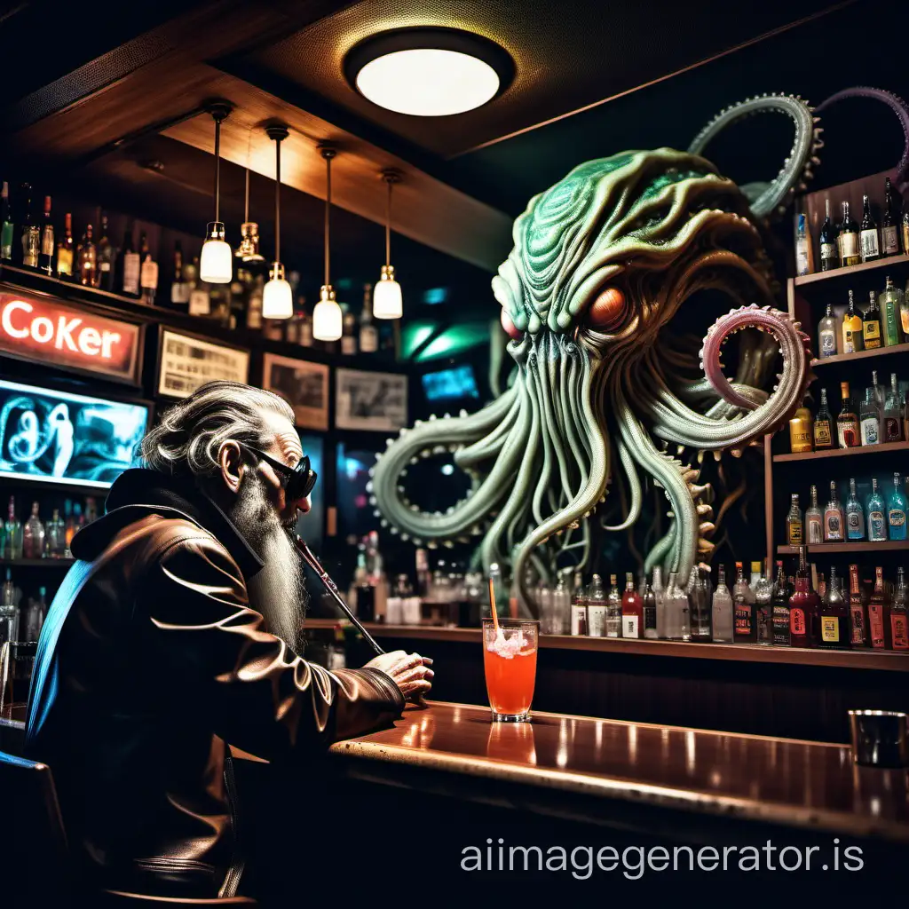 photography realism nikon 35mm escher rembrandt  cthulhu alien leviathan eyes multicolour tentacles intertwined decay warts dystopian  alien random shape and form sitting in a cyber modern tokyo sipping on a drink , served by a human bartender behind wooden bar , pub cocktails street scene buildings hypermodern futuristic future  cinematic epic  photography by hasselblad excellent 4k bokeh background   hr giger , psychedelic surreal extreme art 