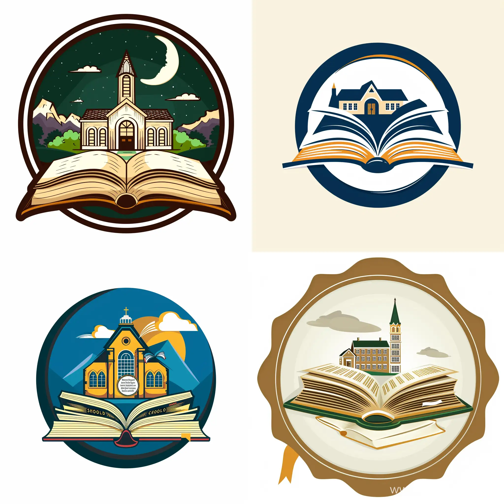 логотип для школы круглый с открытой книгой и школой 