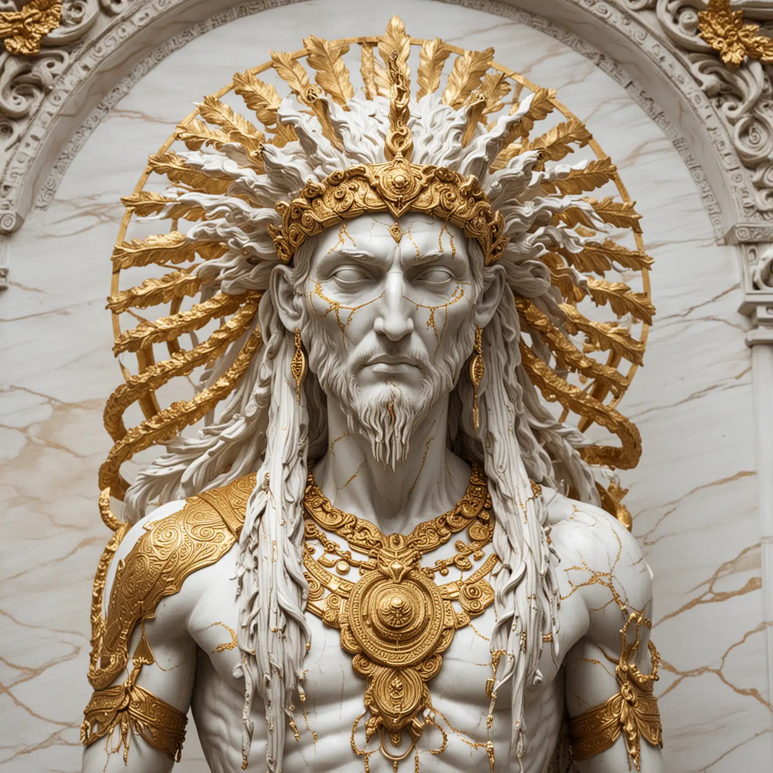 a marble statue of a eldritch god. native american features, with gold leaf patterns running across it, like a greek statue, it has multiple tails