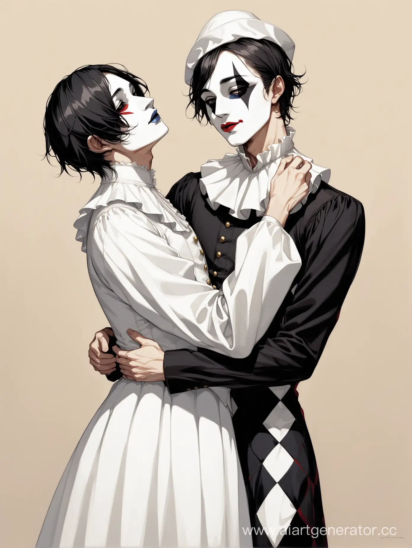 Minimalist-Embrace-Harlequin-and-Pierrot-Men-in-Intimate-Embrace