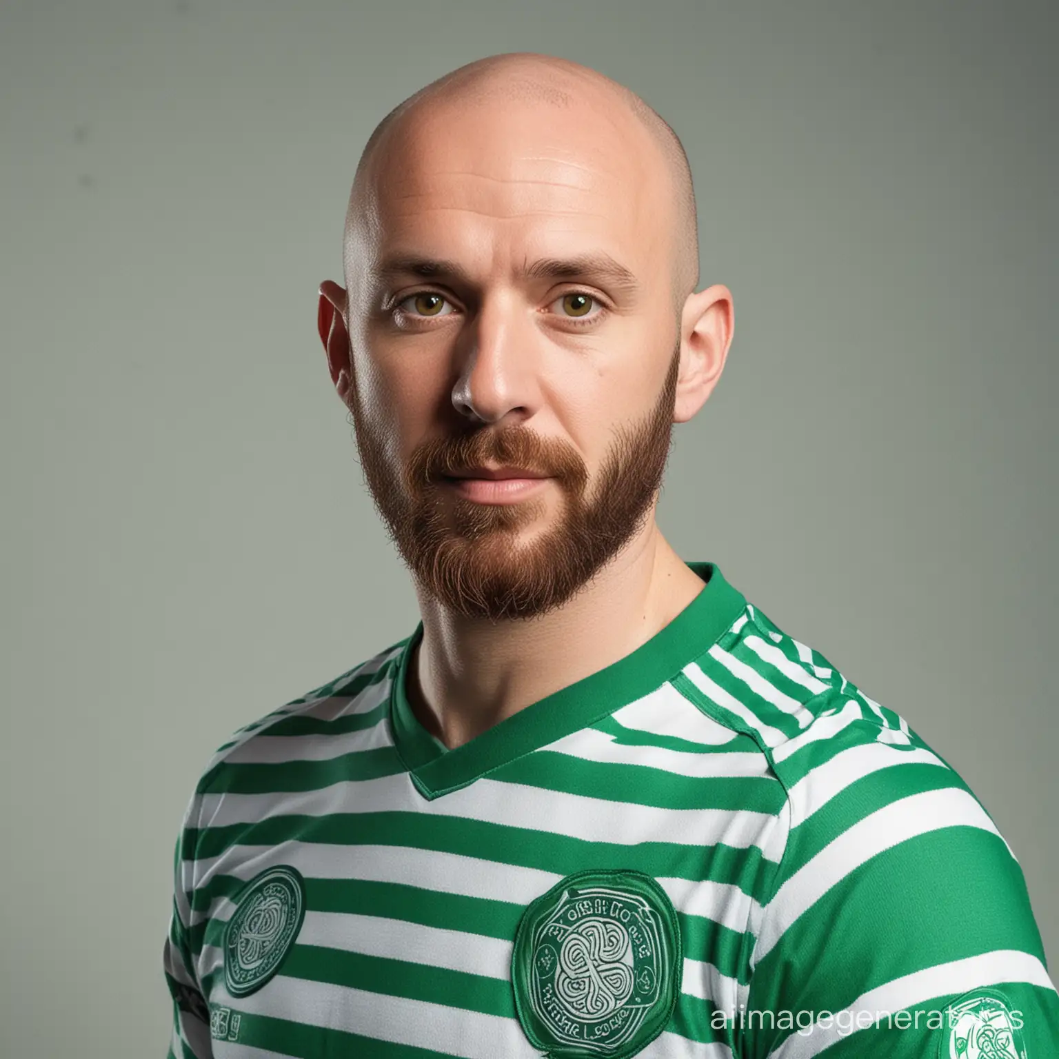 Bald man with short beard with a Celtic football jersey