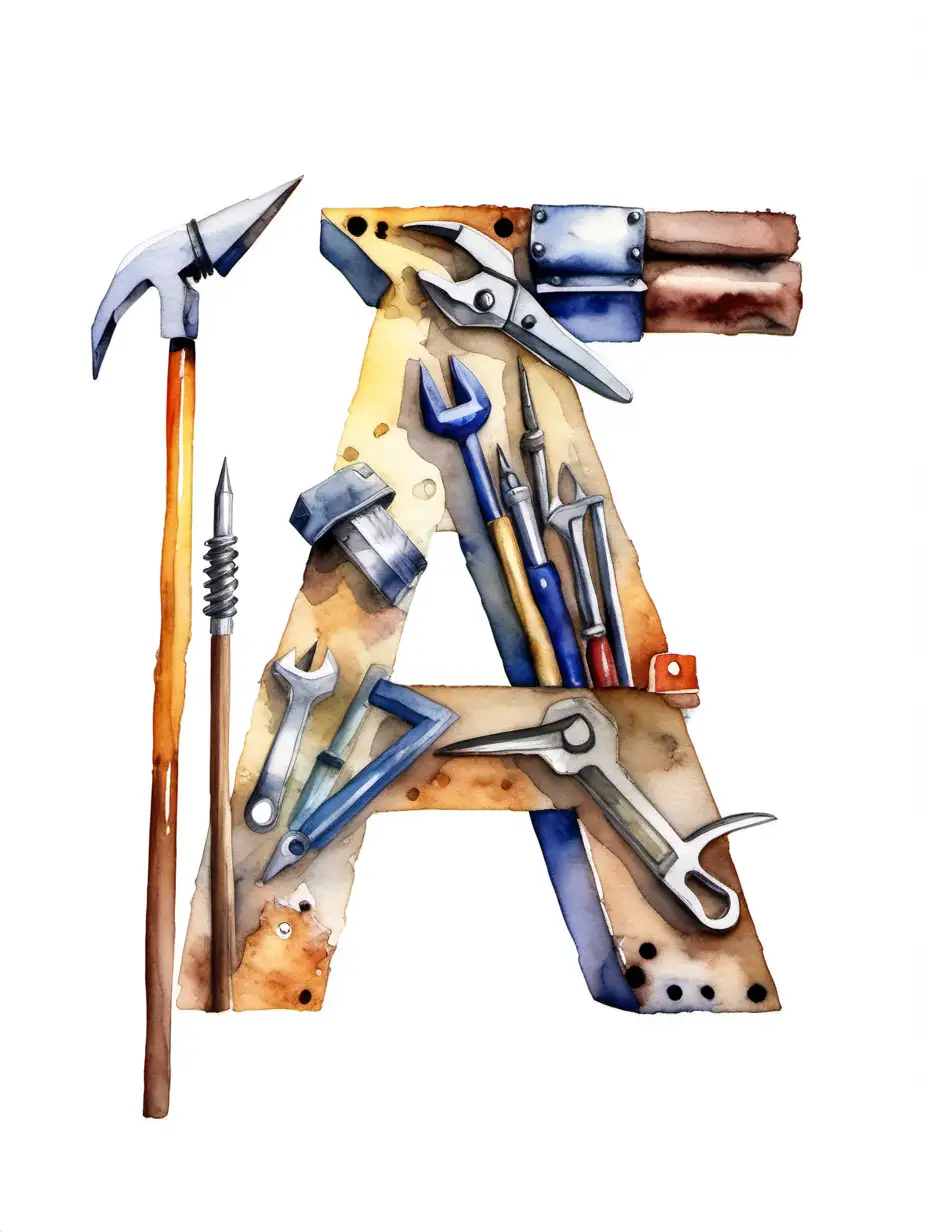 Letter ‘A’ made out of cute tools, white background, watercolour, foreground small cute builder man screwing bolt into letter