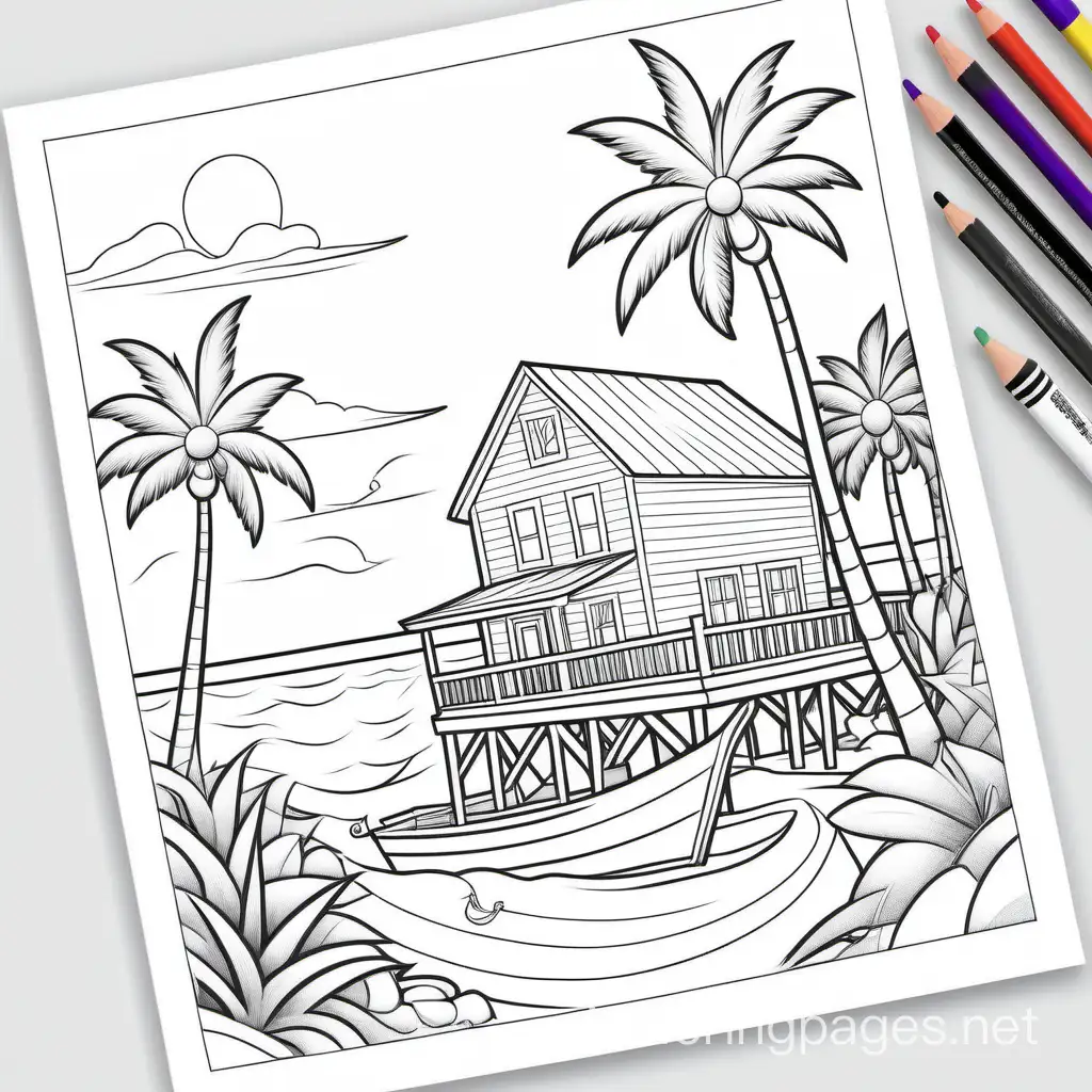"""
Key west
, Coloring Page, black and white, line art, white background, Simplicity, Ample White Space. The background of the coloring page is plain white to make it easy for young children to color within the lines. The outlines of all the subjects are easy to distinguish, making it simple for kids to color without too much difficulty
"""