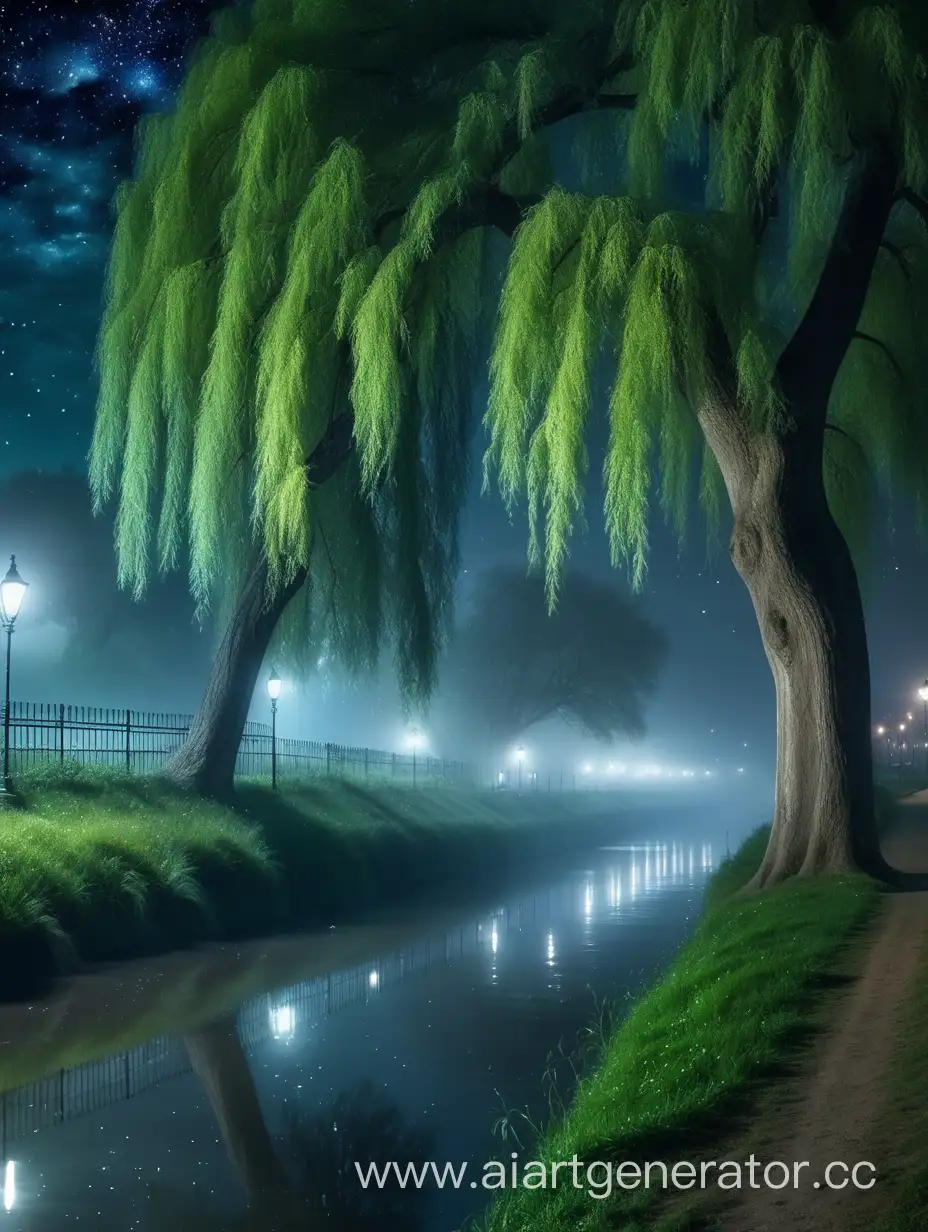 Красивая набережная реки ночью со старыми большими ивами с зелеными листьями плывёт туман в небе звёзды 