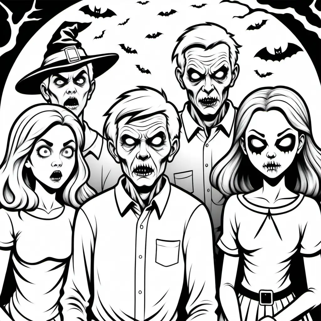 a simple black and white coloring book image of older teenagers 
looking scary at halloween, for coloring