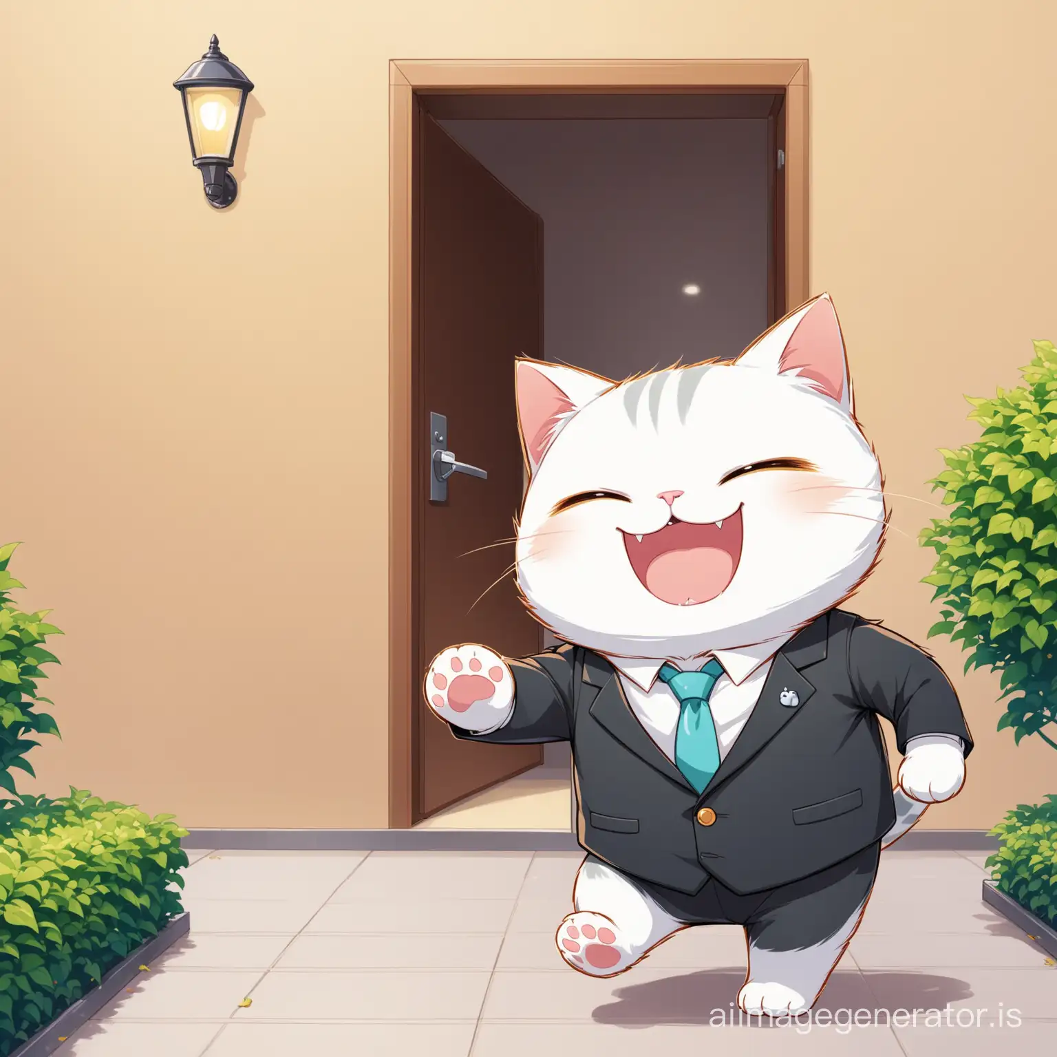 The cat wears a suit and happily enters the company building