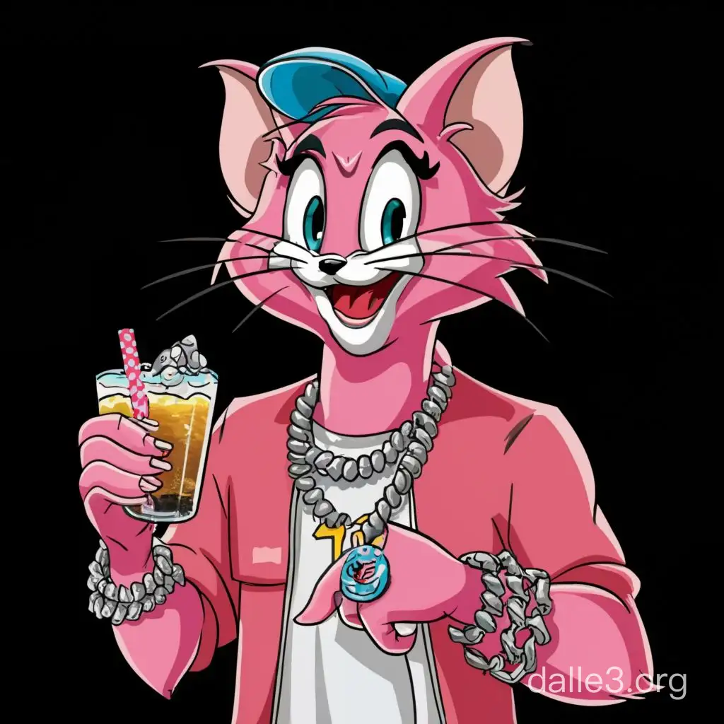 Adult Pink Cat Tom from the "Tom and Jerry" cartoon, wearing diamond chains, rapper, holding a glass of carbonated drink