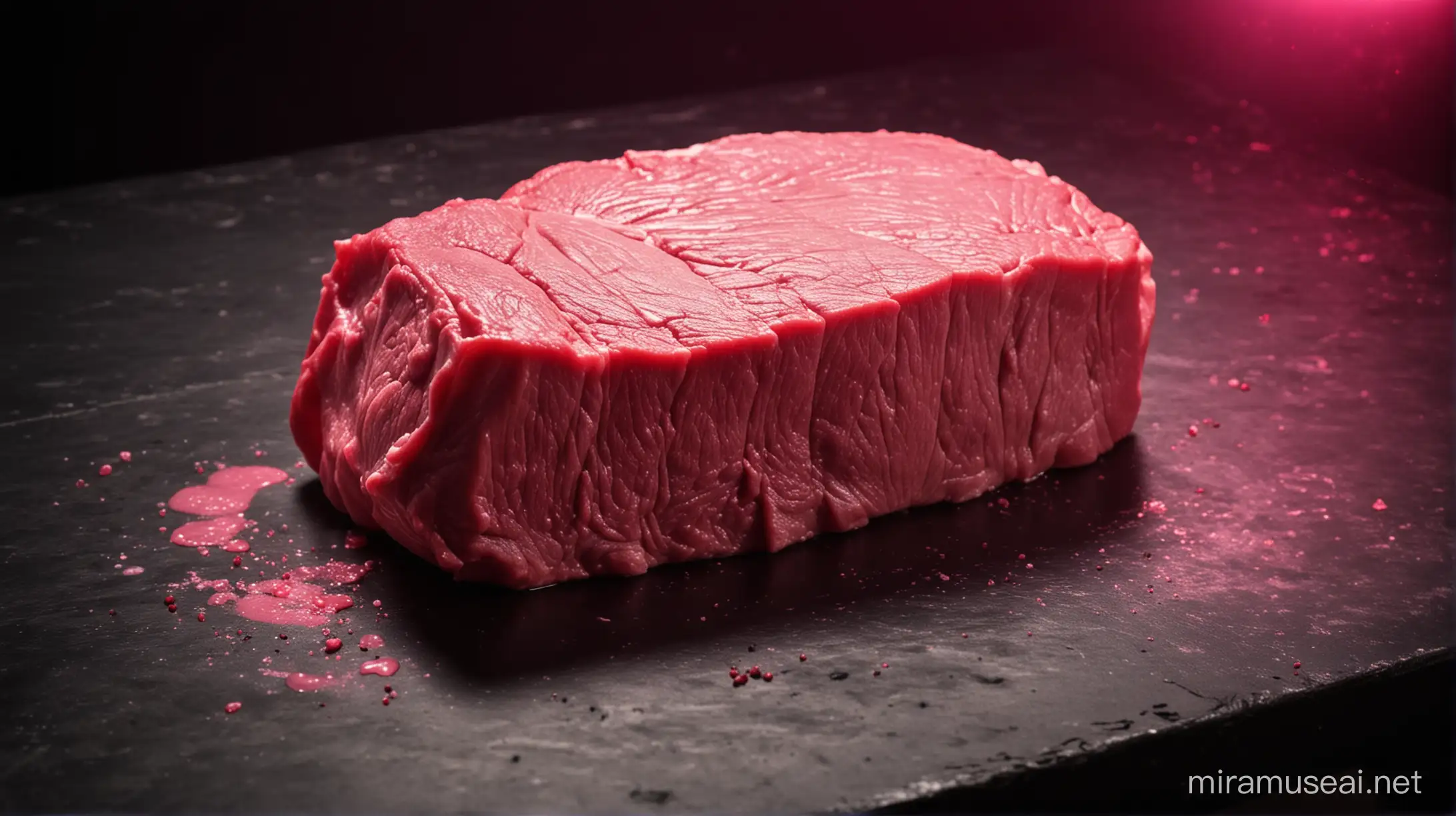 Pink Light Illuminating Raw Meat on Metal Table in Darkness