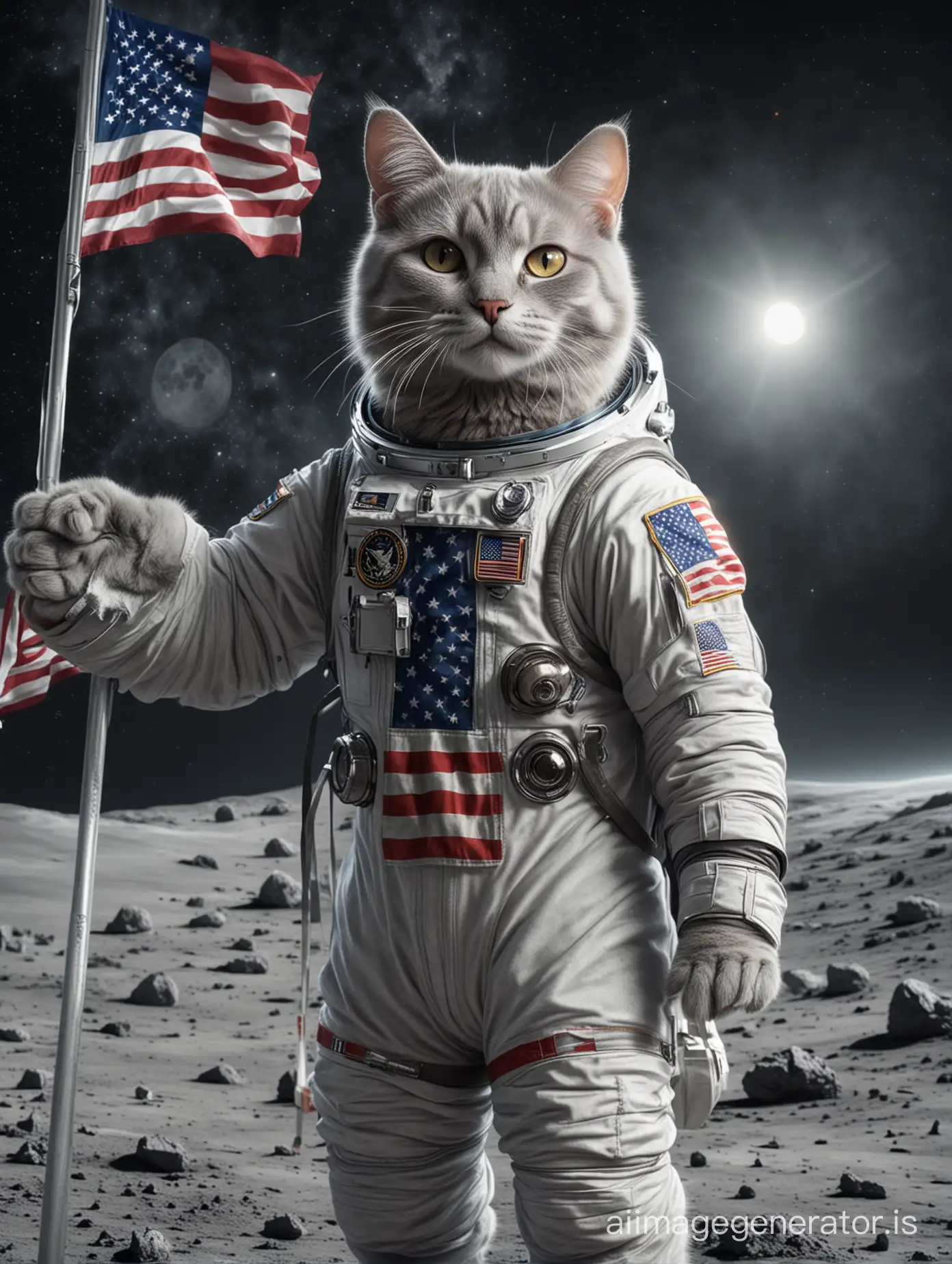 Realistic-Neill-Armstrong-Style-Cat-in-Spacesuit-Raising-American-Flag-on-Moon-Ground