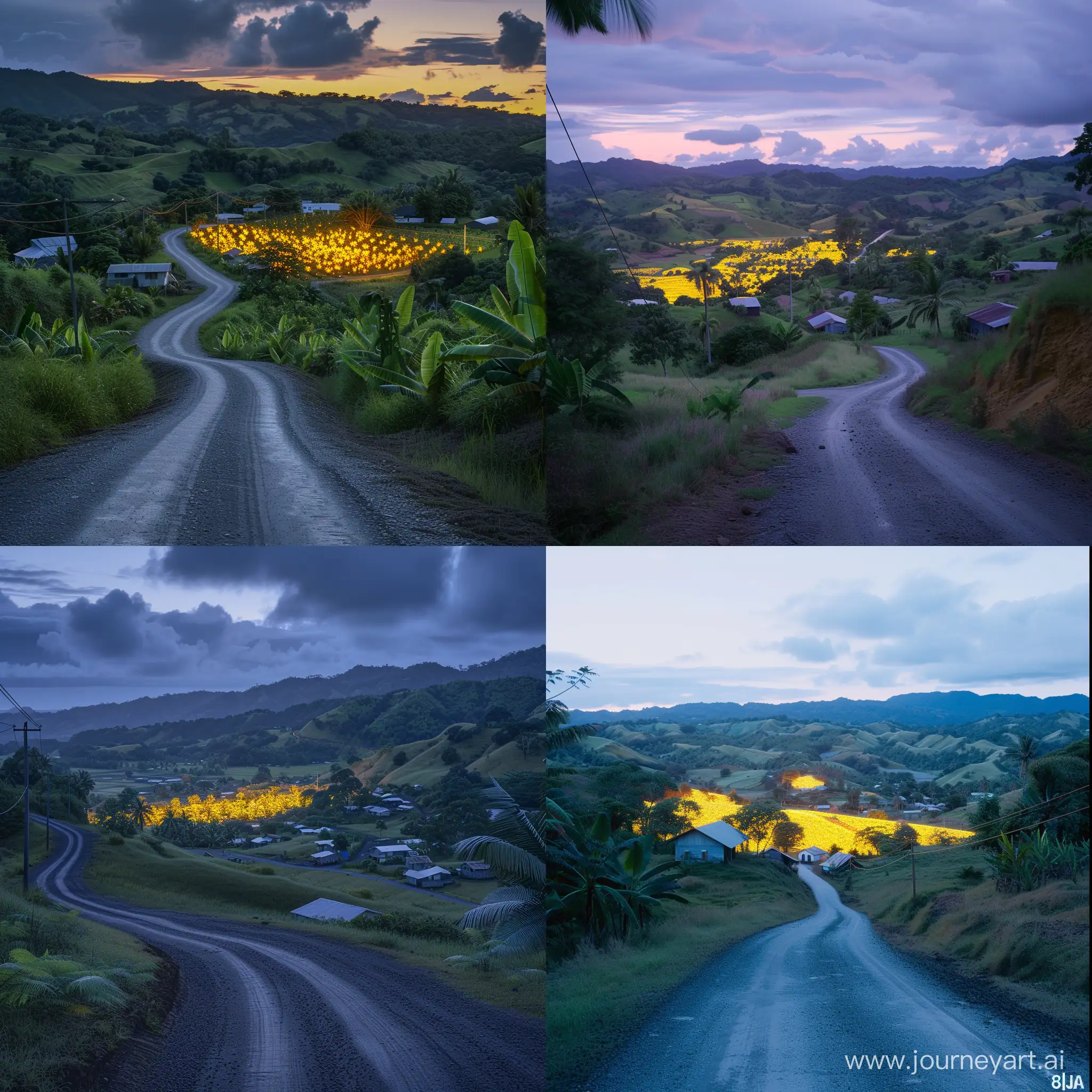 Twilight, gravel road, Fiji, high road looking down at a dalo plantation lit yellow with sunrise, village, Fijian, photorealistic, 8k 
