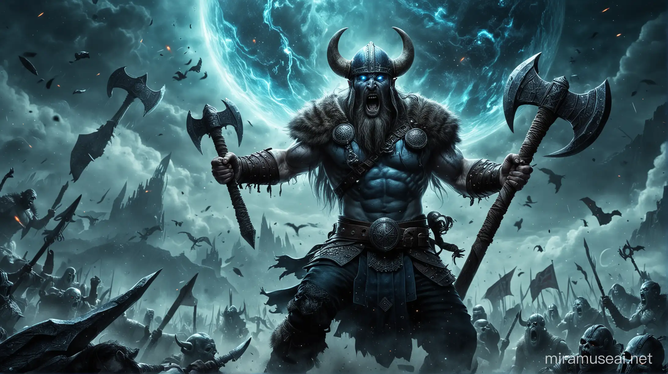 combat viking, dieu du mal, planète espace,  bleu, méchant, puissant, hache, cri, rage
