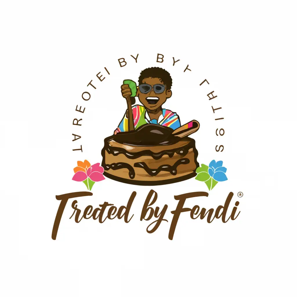 a logo design,with the text "Treated by Fendii", main symbol:chocolate cake with a African American boy with sunglasses on top of the cake mixing a bowl,Moderate,be used in Restaurant industry,clear background