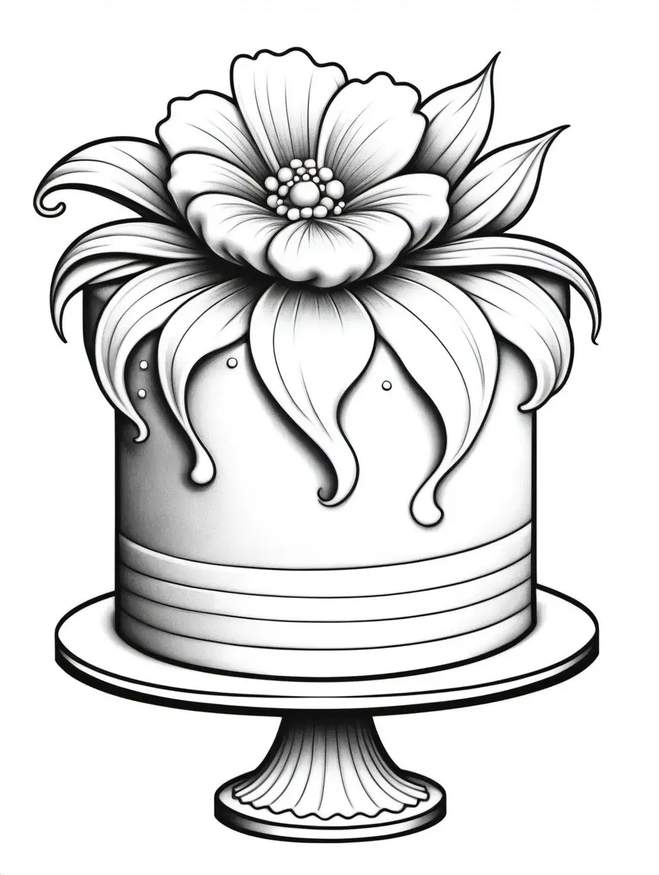 Colouring page, cake, with the elegance of a single flower, a visually stunning cake , clean lines, white background,