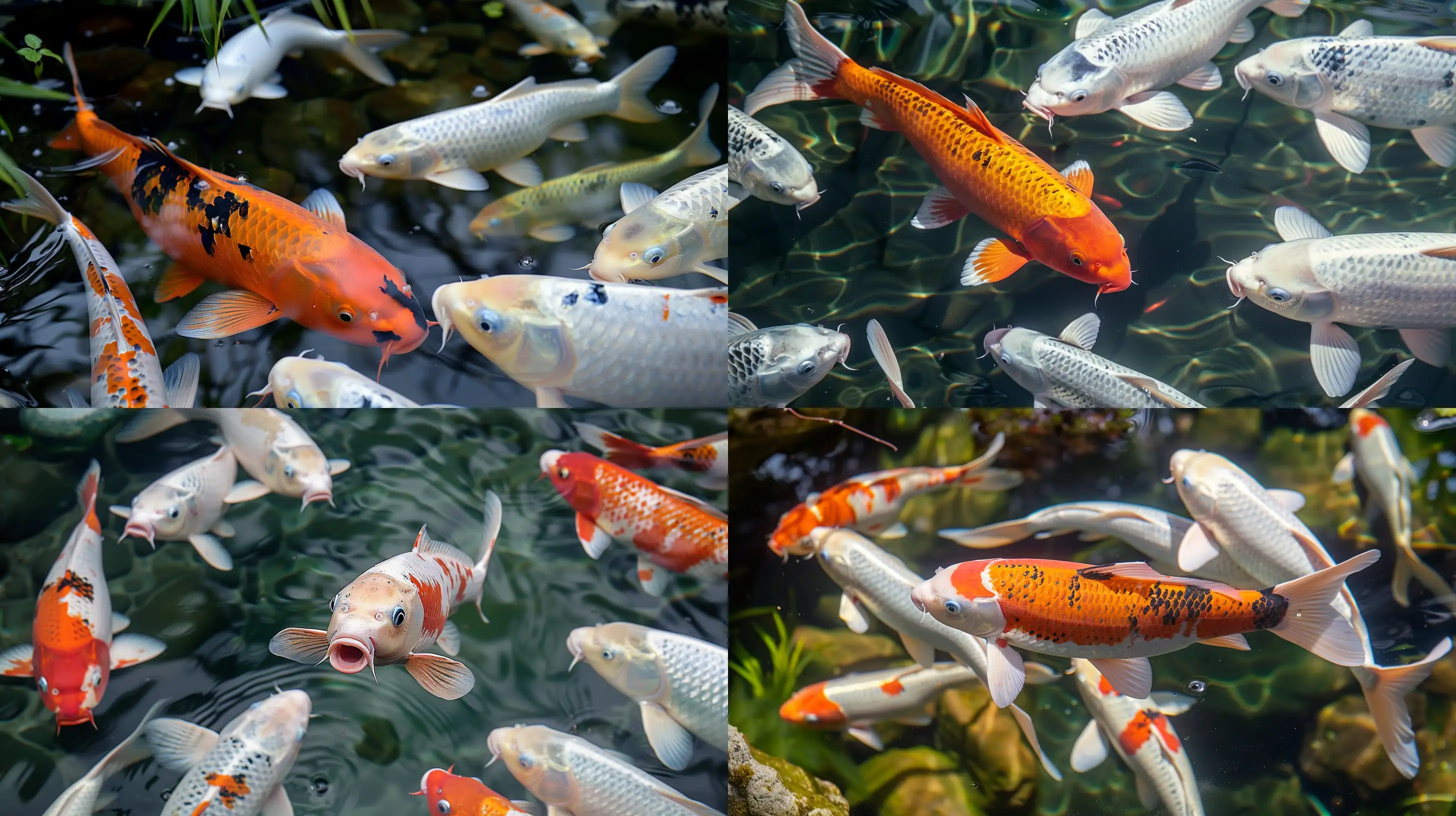 Vibrant-Koi-Fish-Swimming-Among-White-Carps-in-Serene-Pond