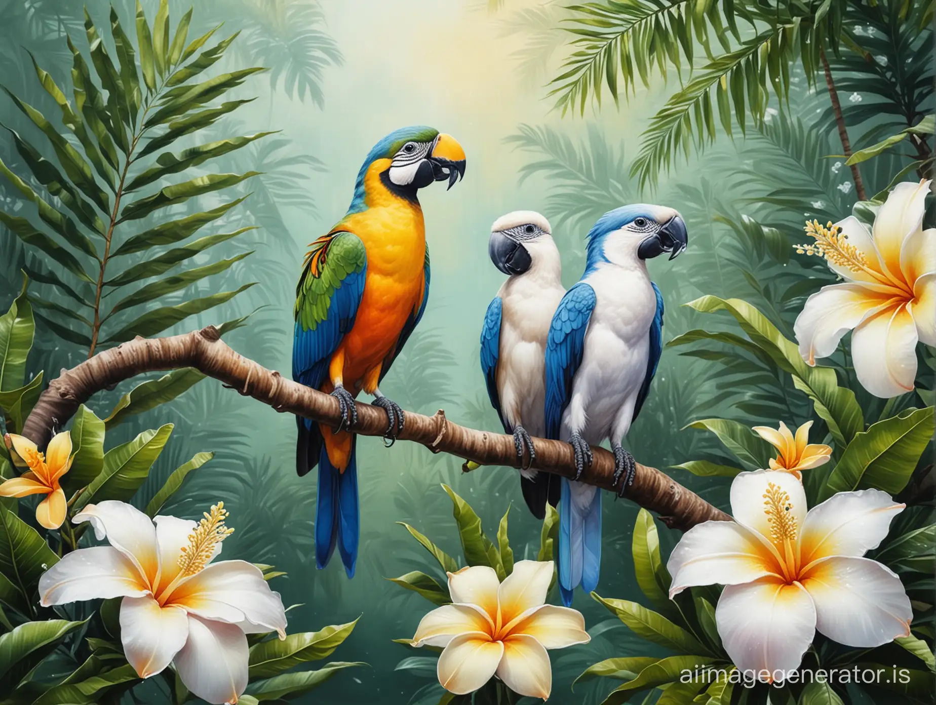 Tropical-Birds-and-Coconut-Tree-in-Realistic-Acrylic-Painting