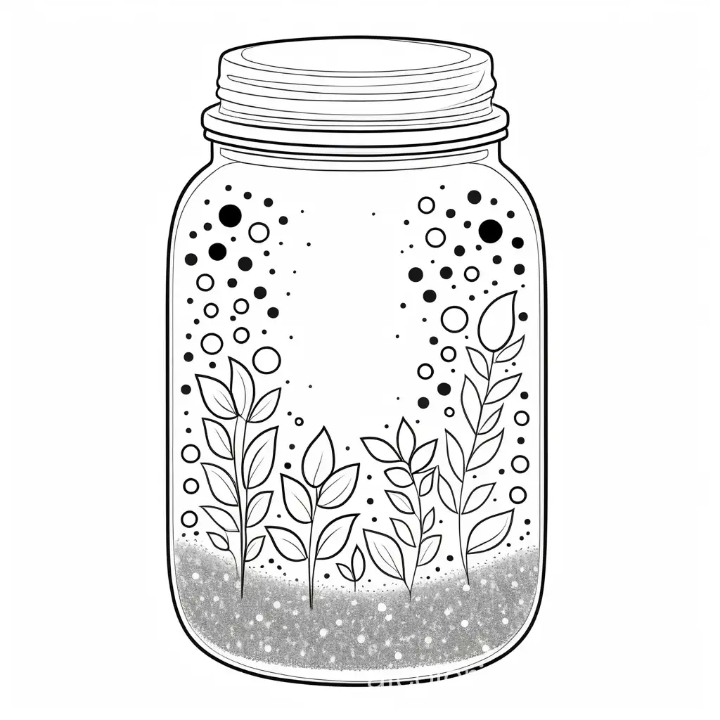  tall big jar with glitters,, Coloring Page, black and white, line art, white background, Simplicity, Ample White Space. The background of the coloring page is plain white to make it easy for young children to color within the lines. The outlines of all the subjects are easy to distinguish, making it simple for kids to color without too much difficulty