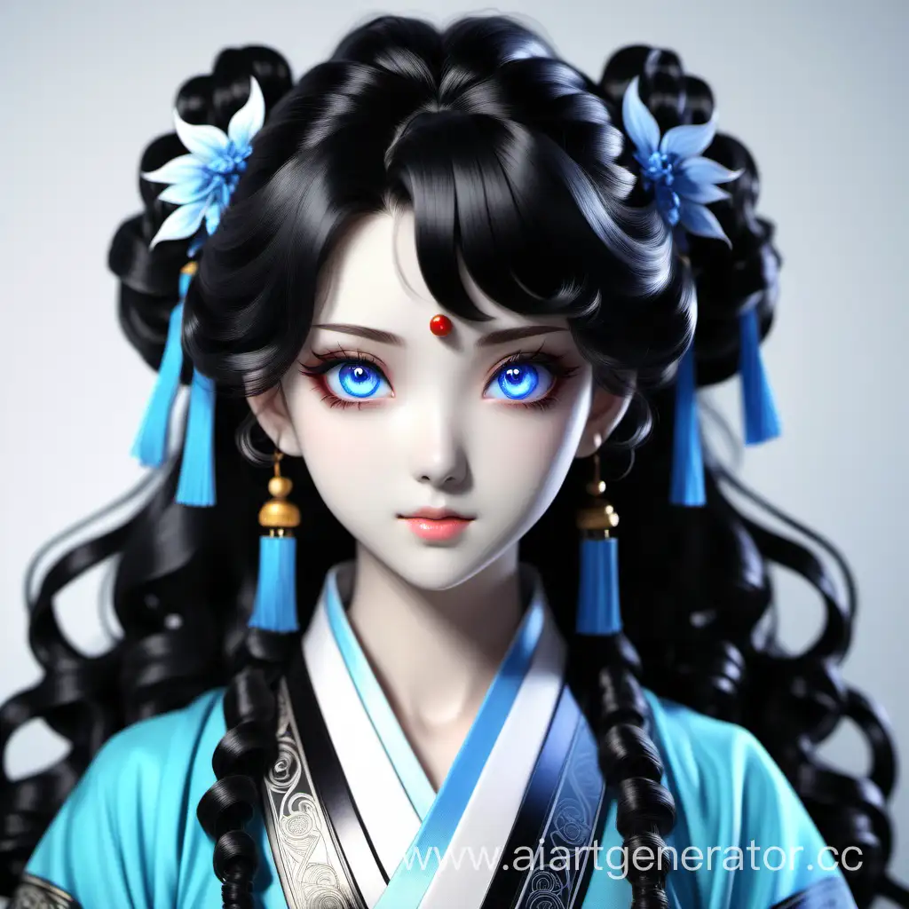 девушка аниме с чёрными кудрявыми волосами и синими глазами. В одежде древнего китая