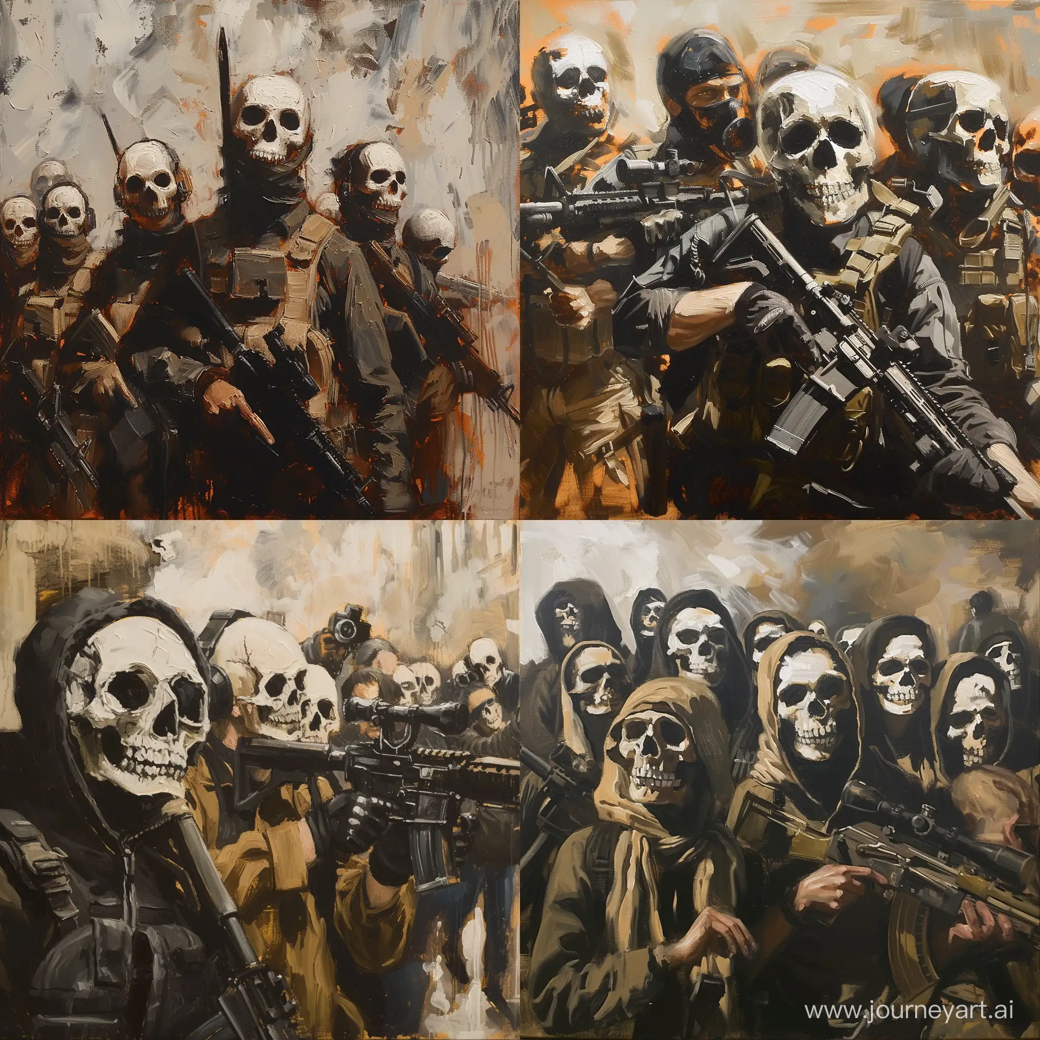 terrorist attack, skull masks, people, modern weapon, modern military equipment, oil painting