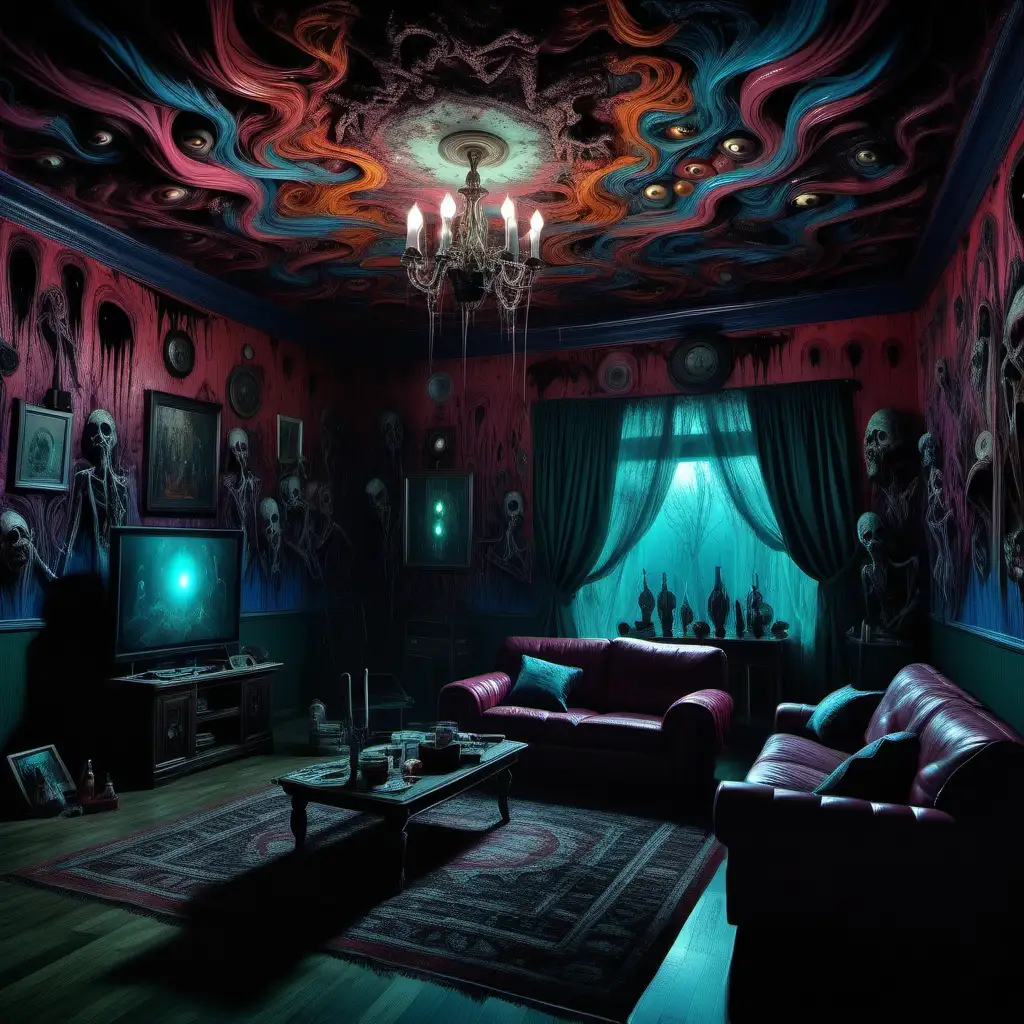 Hallucinogen, amazing colors, incredible detailed, highly detailed, stunning visuals, ultra realistic, life like, horror, haunting, surreal, inside a living room 
