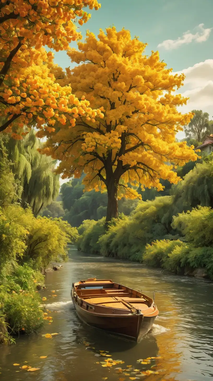 a boat on a river with tangerine trees and marmalade skies and cellophane flowers of yellow and green towering over your head