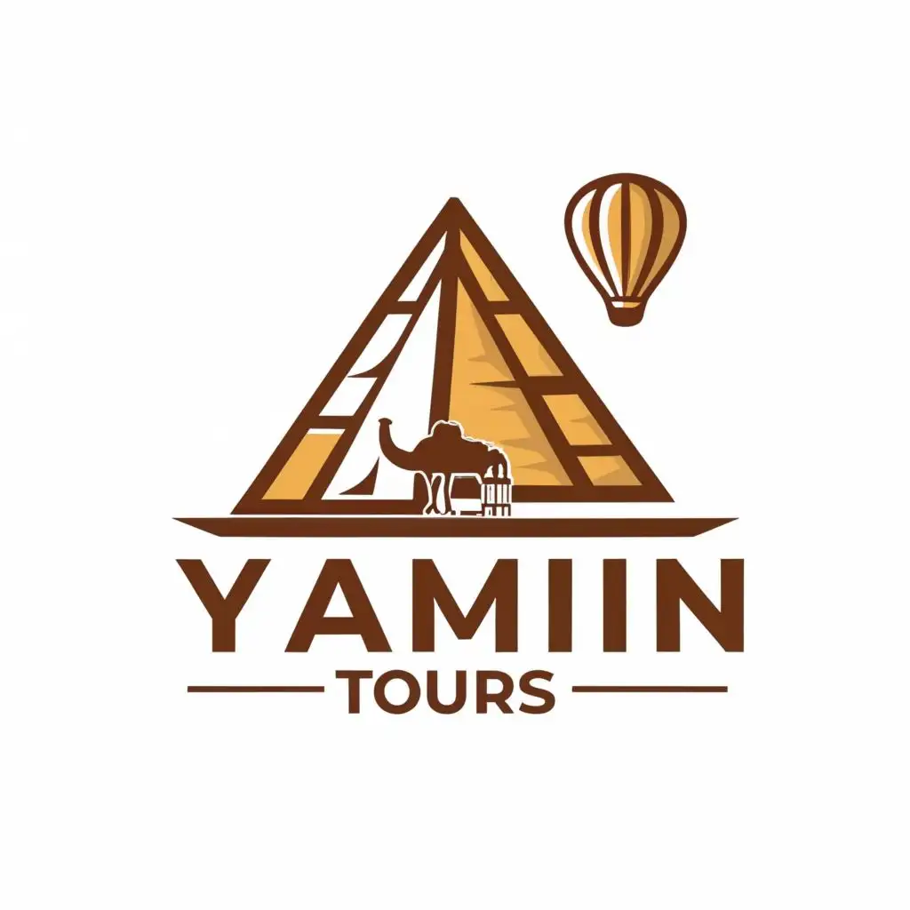 logo, A simple silhouette of a pyramid, possibly with a hot air balloon or camel caravan beside it., with the text "YASMIN TOURS", typography, be used in Travel industry