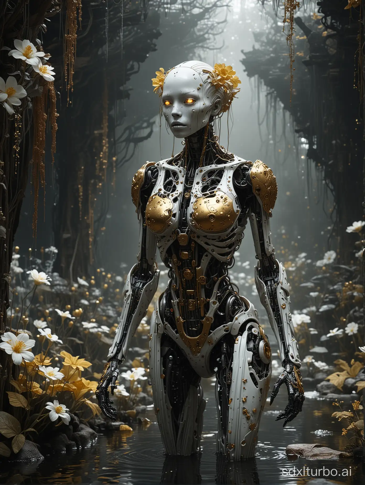 32k hires best quality professional photograph, Dark sci-fi rotten flowery swamp, ethereal white glow, graveyard, a wishmical catacombe, ruins, albino biomechanical mutant grey alien geisha exoskeleton morphed iron pleated robot, copper and obsidian black elements, filigree gold, intricate Abstract Technology, glassmorphism, , blood, wilted flowers, opl, brown, yellow, tissues, cells, organelles and macromolecular complexes, cubic motherboard, 